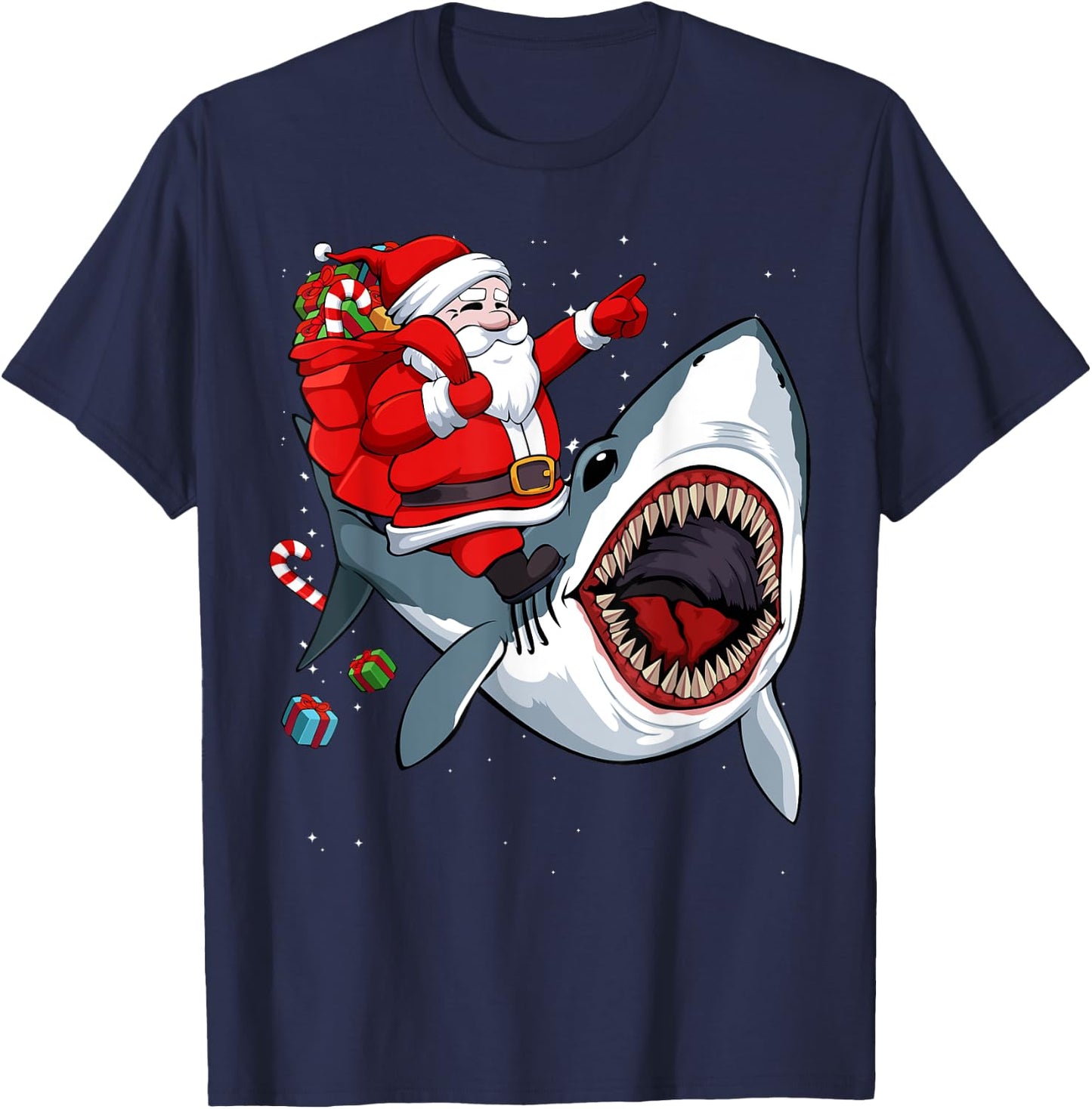Santa Riding Shark Christmas Pajama Cute Ocean Animal X-Mas T-Shirt - T-Shirt | Navy