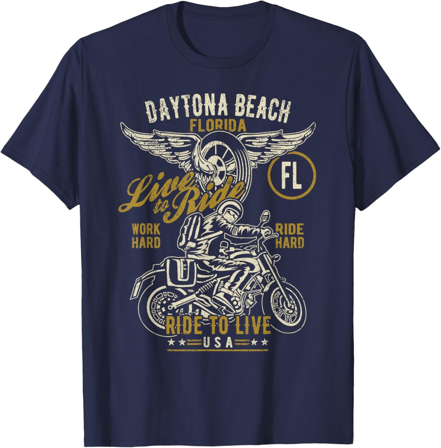 Daytona Beach Florida USA Motorcycle Distressed Design T-Shirt - T-Shirt | Navy