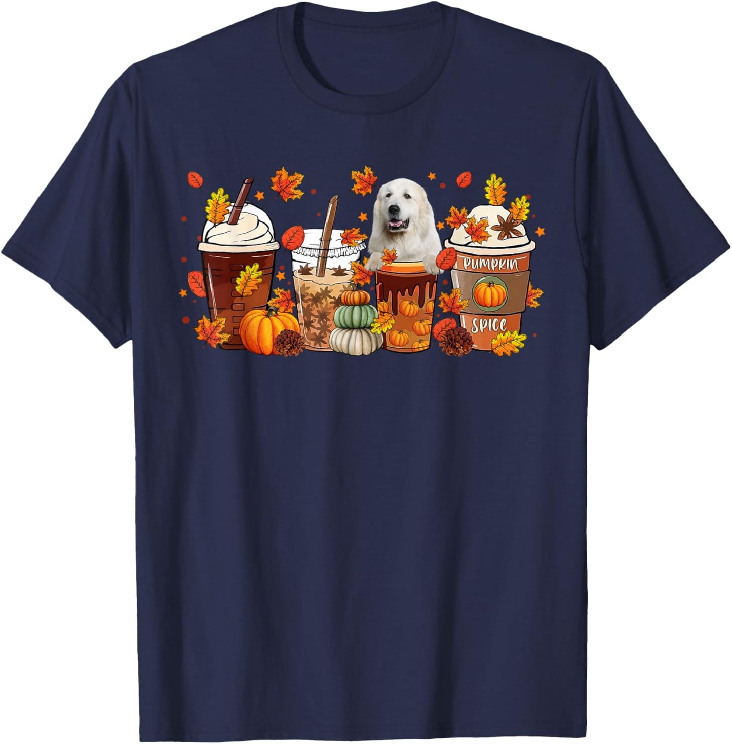 Cups Of Iced Latte & Great Pyrenees Fall Leaves Thanksgiving T-Shirt - T-Shirt | Navy