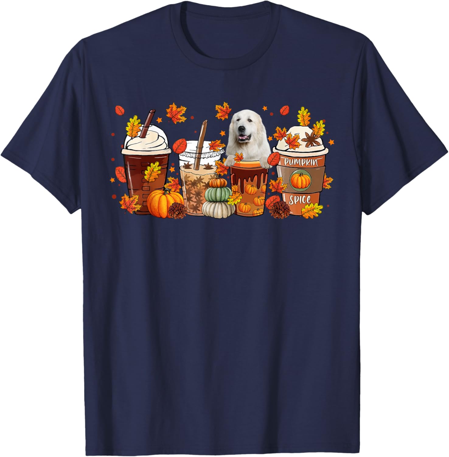 Cups Of Iced Latte & Great Pyrenees Fall Leaves Thanksgiving T-Shirt - T-Shirt | Navy
