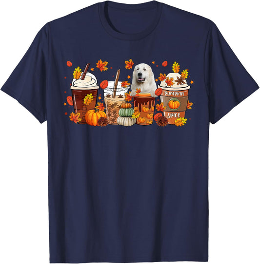 Cups Of Iced Latte & Great Pyrenees Fall Leaves Thanksgiving T-Shirt - T-Shirt | Navy