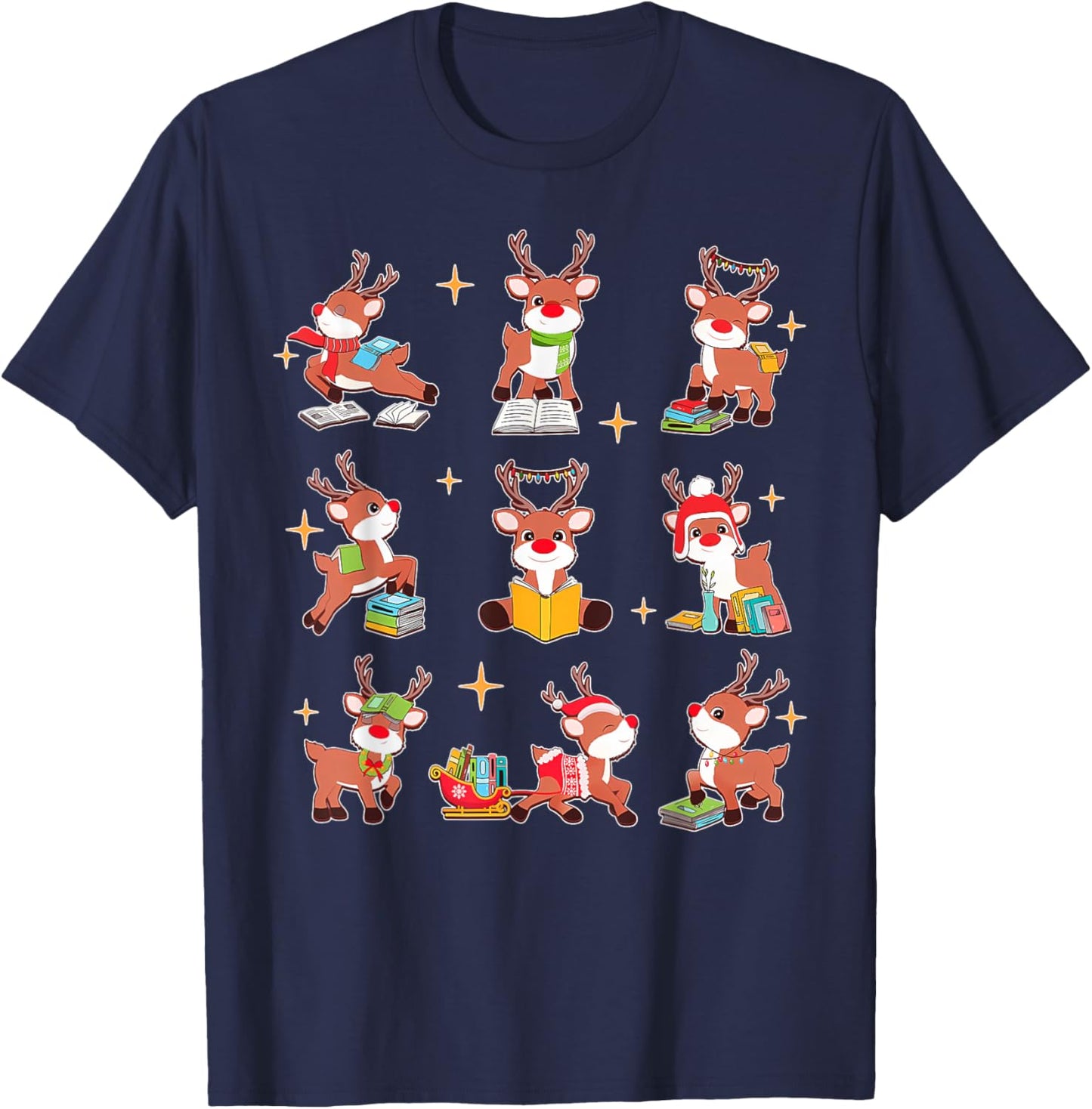 Funny Cute Reindeer Reading Teacher Christmas Book Lover T-Shirt - T-Shirt | Navy