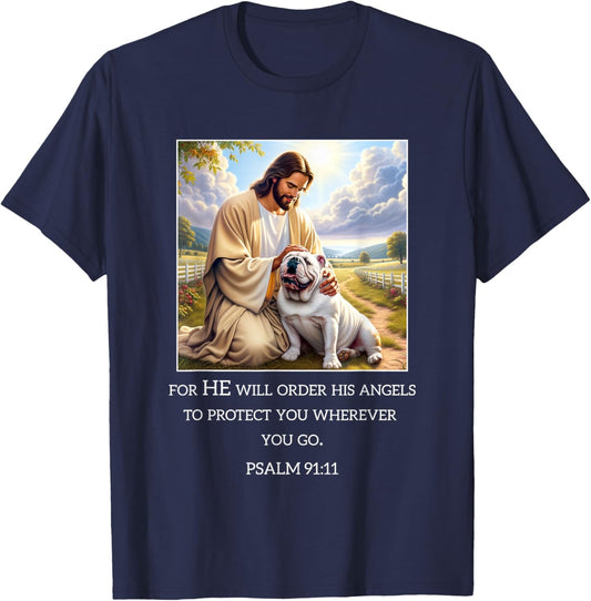 Jesus with Dogs Psalm 99 11- Jesus and a Bulldog T-Shirt - T-Shirt | Navy