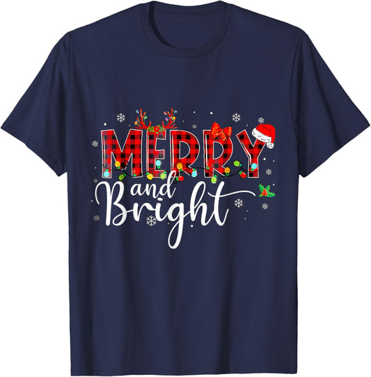 Merry and Bright Buffalo Plaid Red Santa Hat Xmas Pajamas T-Shirt - T-Shirt | Navy