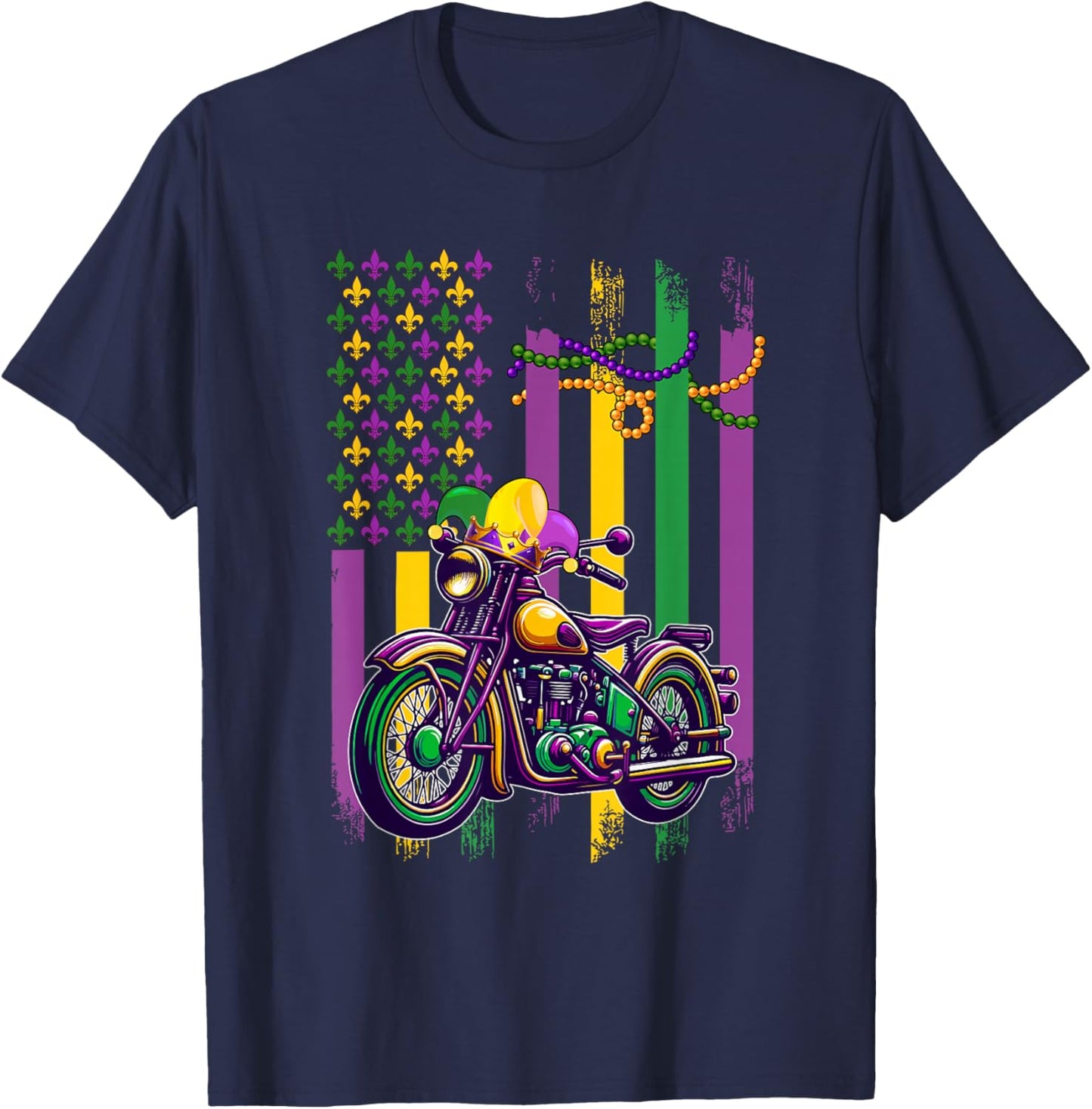 American Flag Mardi Gras Motorcycle Wearing Jester Hat Beads T-Shirt - T-Shirt | Navy
