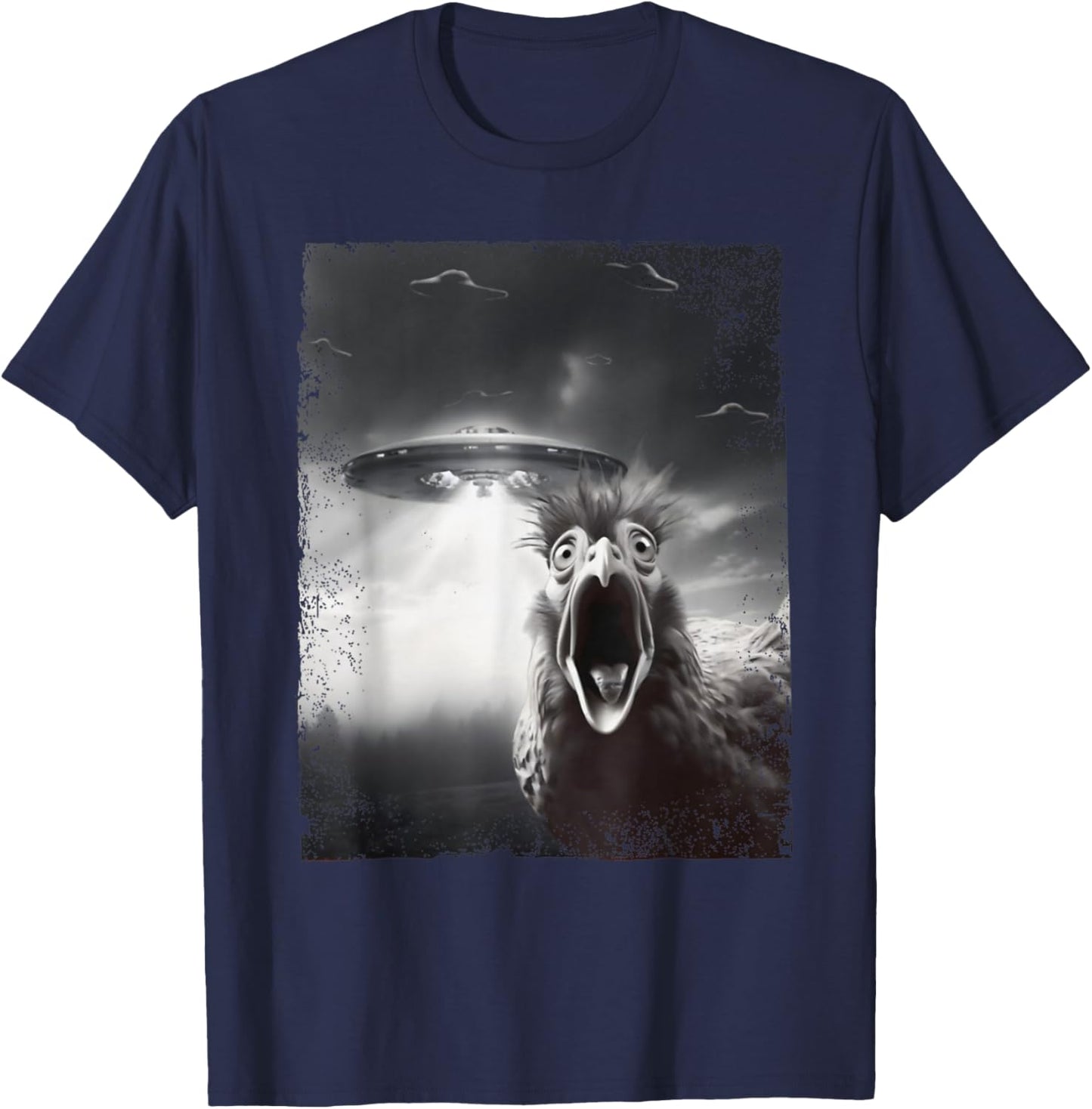 Funny Alien UFO Chicken Selfie with UFOs Weird T-Shirt - T-Shirt | Navy
