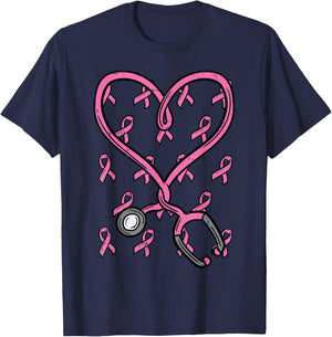 Pink Stethoscope Nurse Scrub Breast Cancer Awareness Women T-Shirt - T-Shirt | Navy