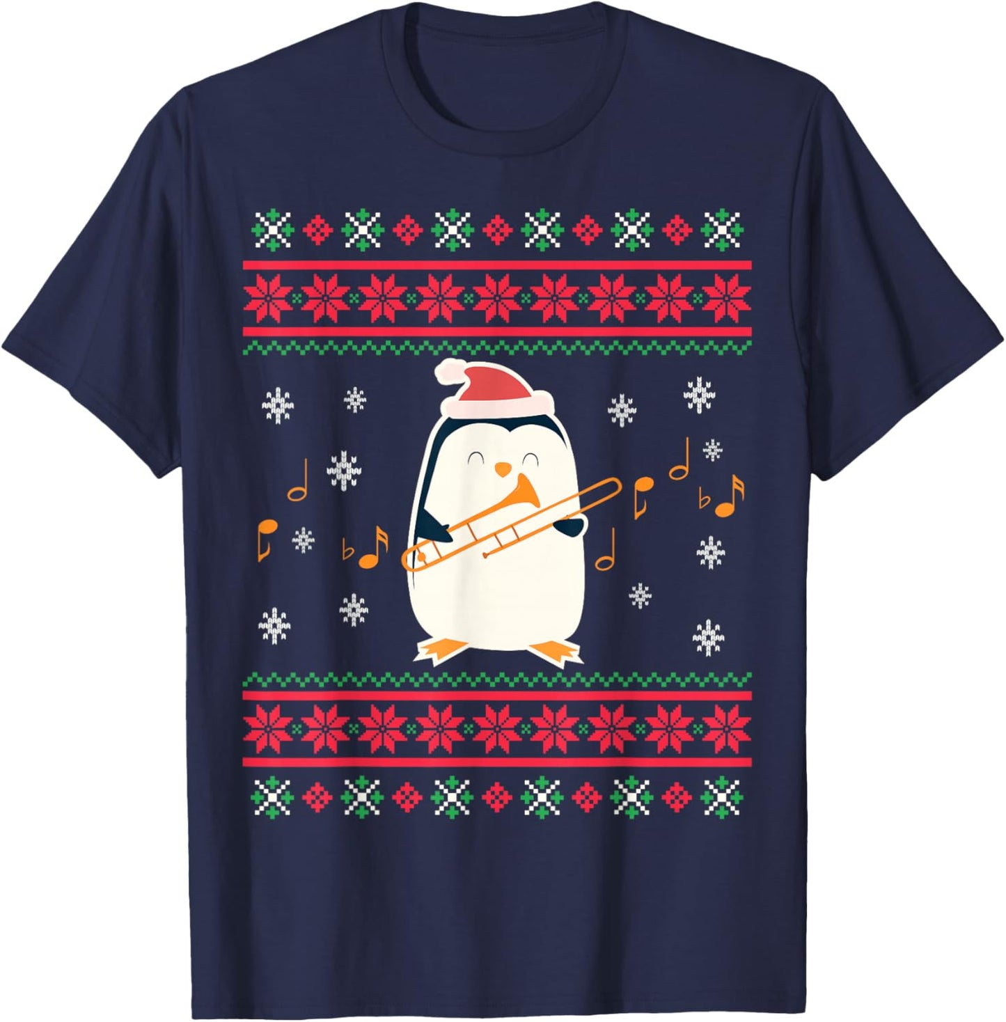 Santa Hat Penguin Playing Trombone Ugly Christmas Trombonist T-Shirt - T-Shirt | Navy