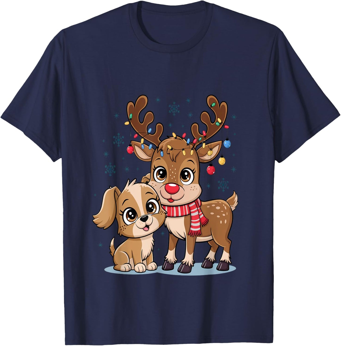 Adorable Puppy & Baby Reindeer Cute Christmas T-Shirt - T-Shirt | Navy