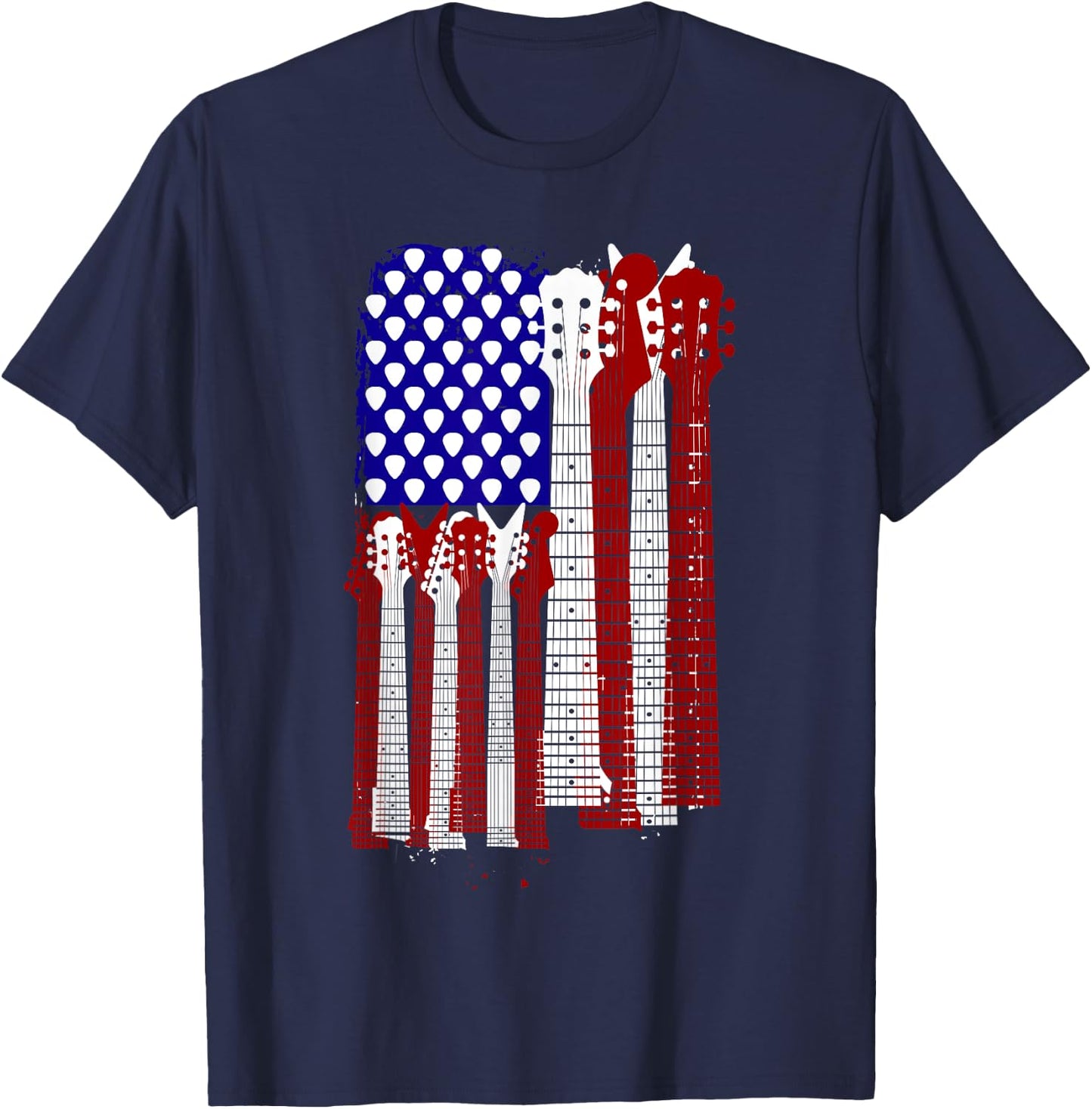 USA Flag Guitar and Plectrum Rock Concert Design | -Adults, Kids | Black, Small T-Shirt - T-Shirt | Navy