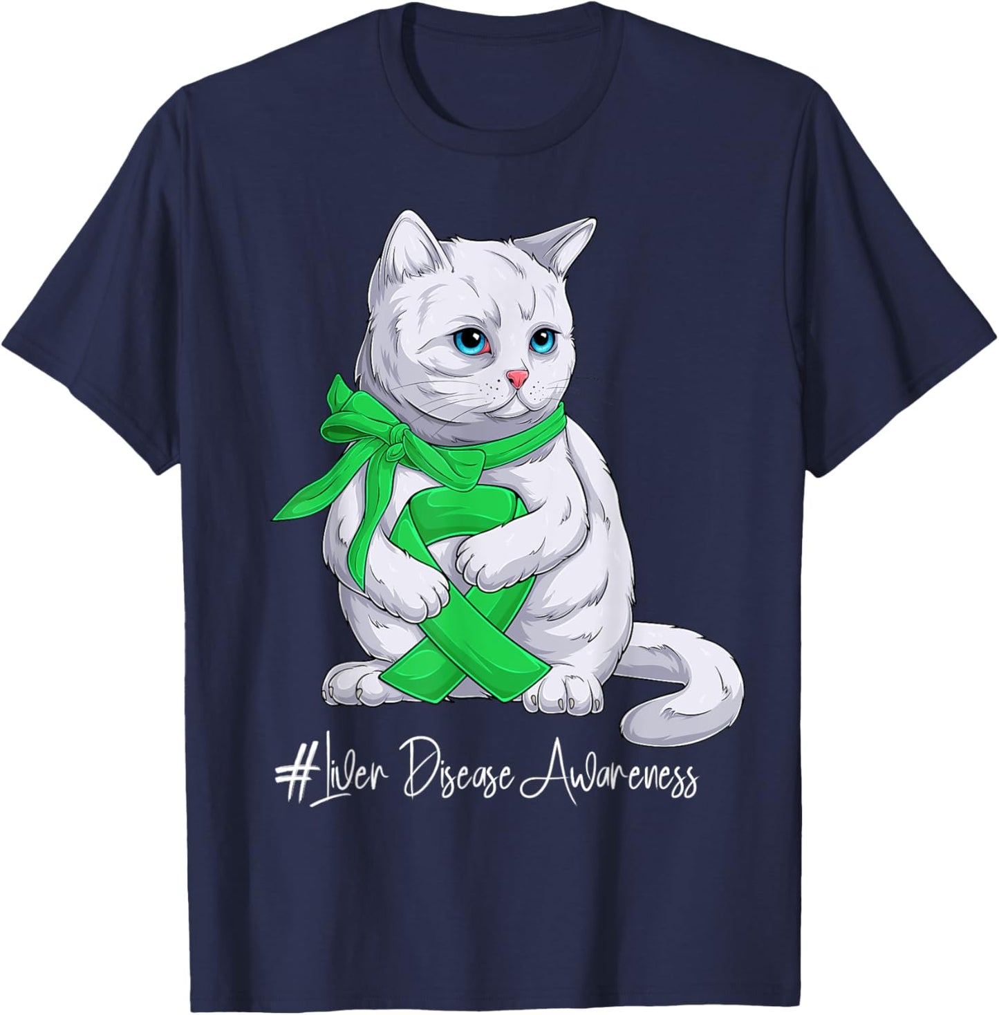 Liver Disease Awareness Month Green Ribbon Cat Women Kids T-Shirt - T-Shirt | Navy