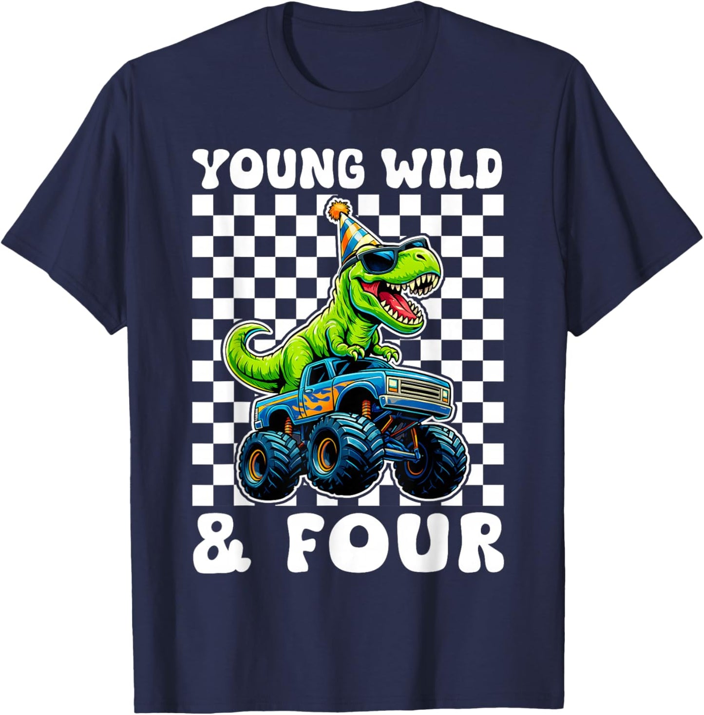 Young Wild & Four T-Rex Dino Monster Truck 4th Birthday T-Shirt - T-Shirt | Navy