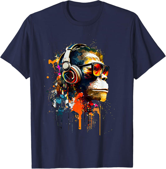 Monkey Safari - Black, Small, , Short Sleeve, Graphic, Modern, Casual, Music Theme T-Shirt - T-Shirt | Navy