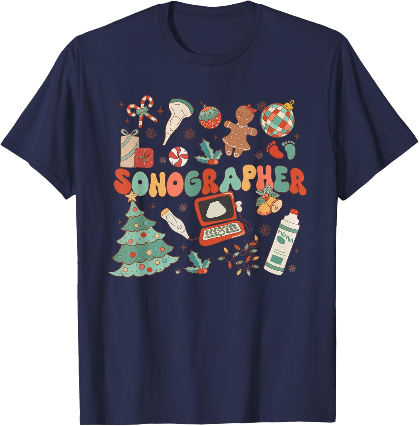 Groovy Retro Sonographer Christmas Ultrasound Tech Cardiac T-Shirt - T-Shirt | Navy