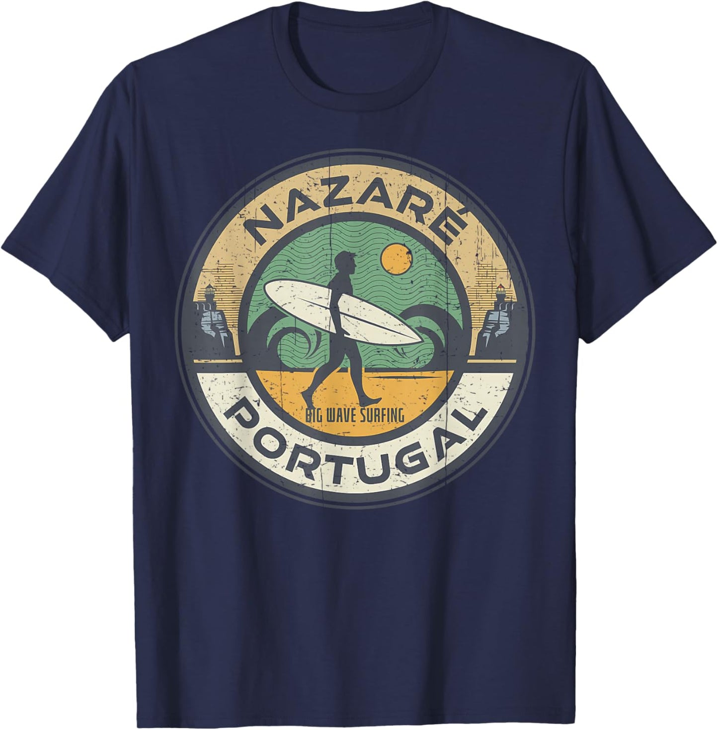 Vintage Nazare Portugal Beach Vintage Retro Surfing T-Shirt - T-Shirt | Navy