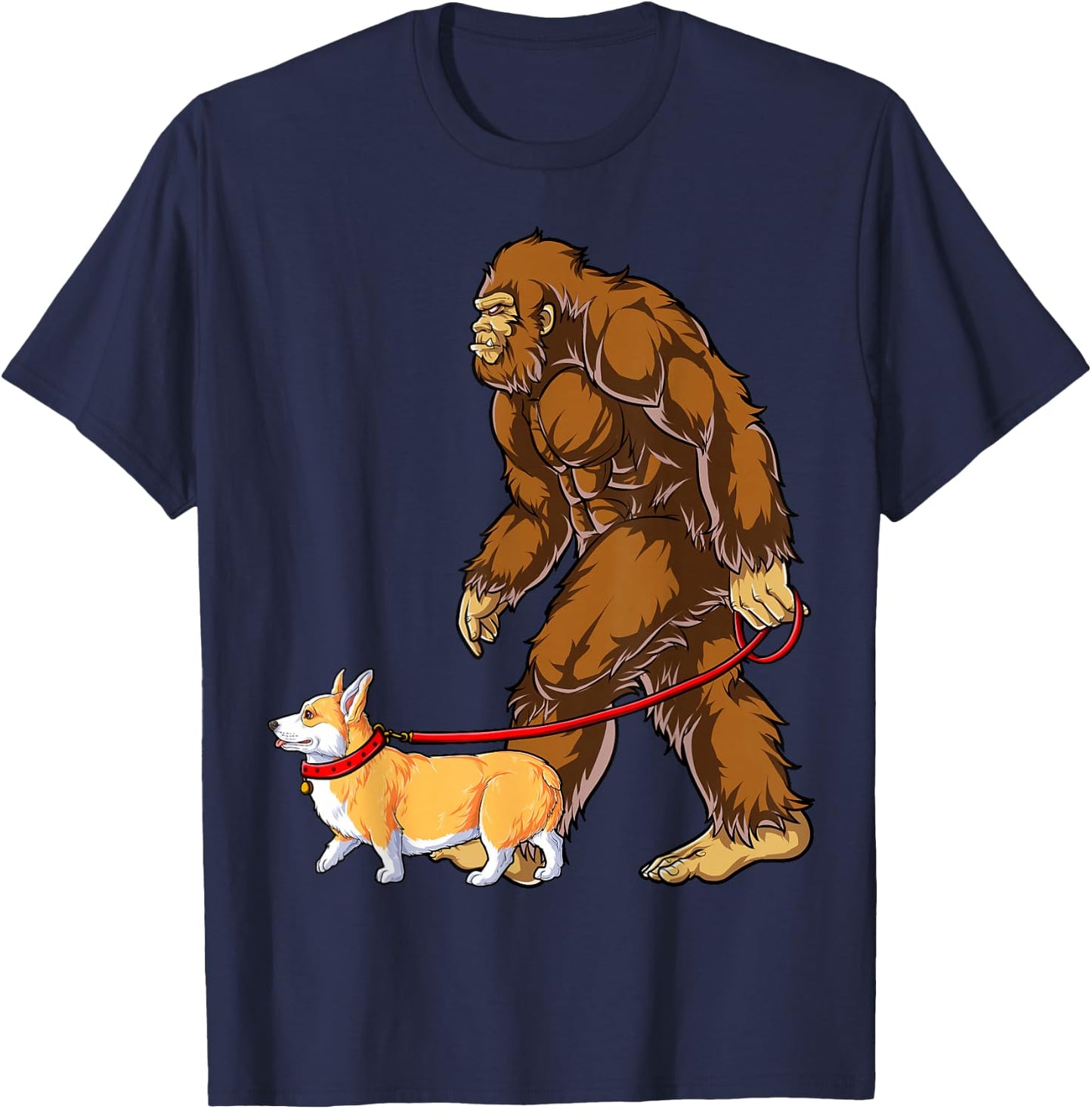 Bigfoot Dog Walk Corgi Funny Sasquatch Lovers Men Women T-Shirt - T-Shirt | Navy