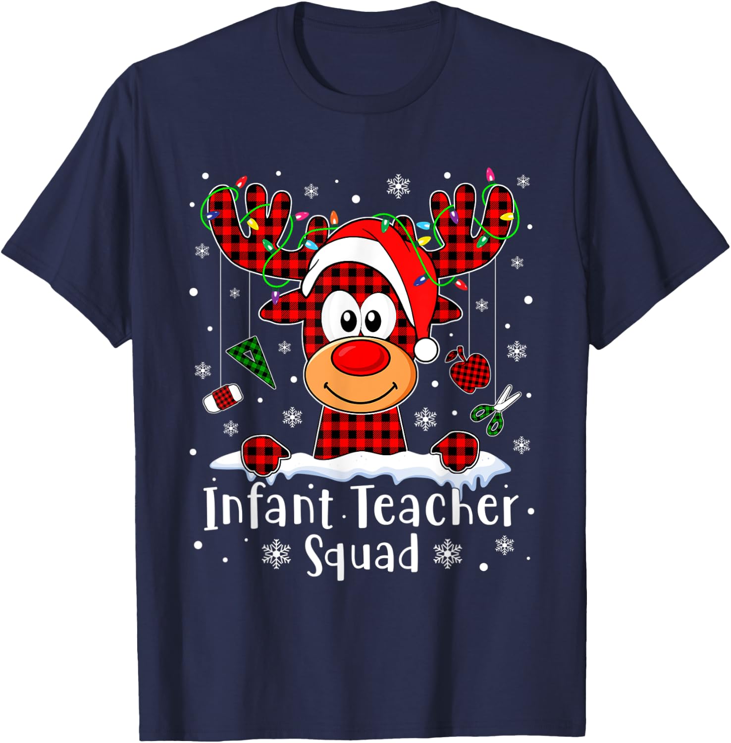 Infant Teacher Squad Reindeer Xmas Buffalo Plaid Christmas Men Women T-Shirt - T-Shirt | Navy