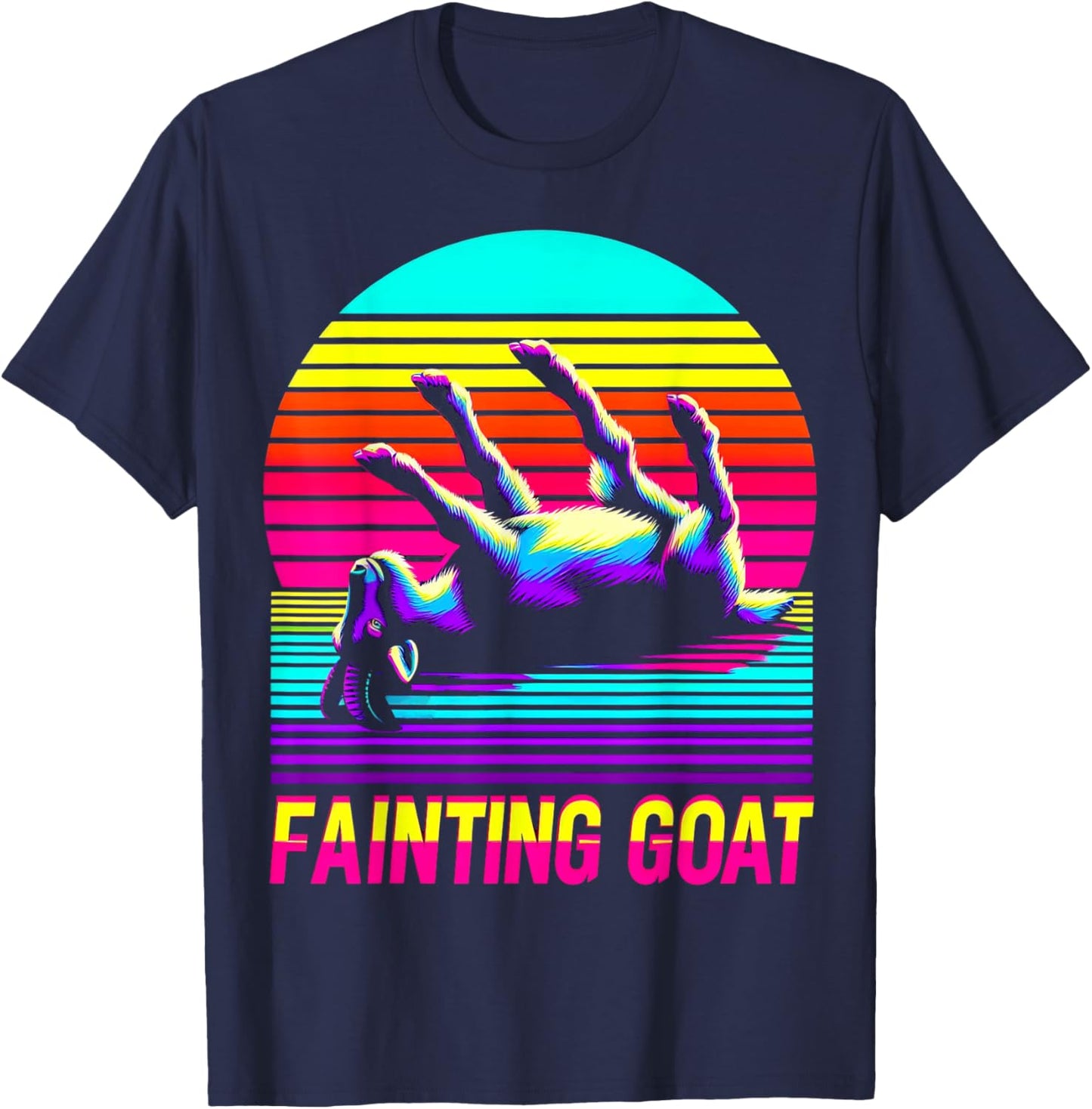 Retro Sunset Fainting Goat - Funny Animal Vaporwave T-Shirt - T-Shirt | Navy