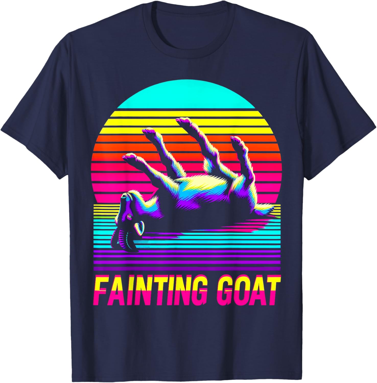 Retro Sunset Fainting Goat - Funny Animal Vaporwave T-Shirt - T-Shirt | Navy