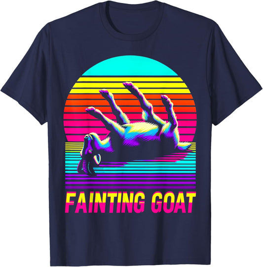 Retro Sunset Fainting Goat - Funny Animal Vaporwave T-Shirt - T-Shirt | Navy