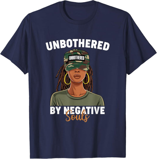 Black History Month Unbothered By Negative Souls Camo Locs T-Shirt - T-Shirt | Navy