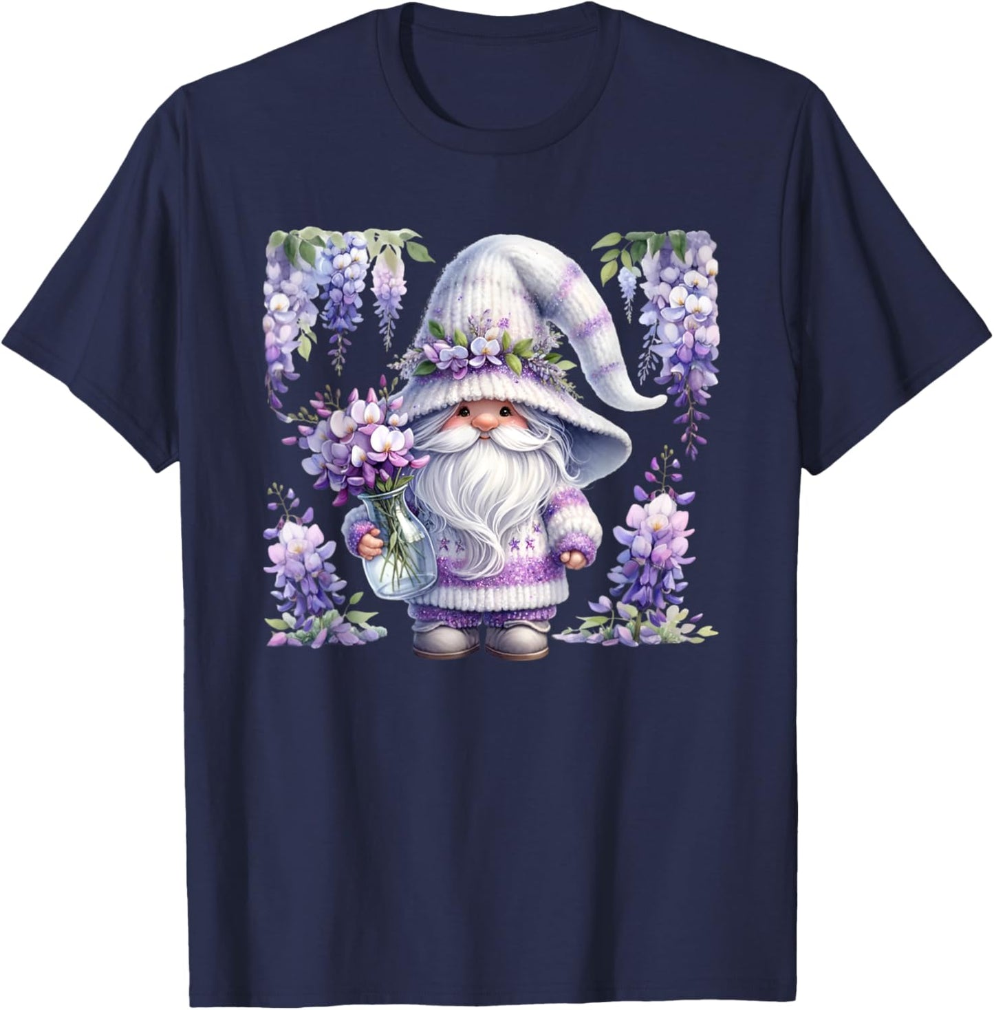 Purple Wisteria Flowers For Mom Cute Gardening Gnome Floral T-Shirt - T-Shirt | Navy