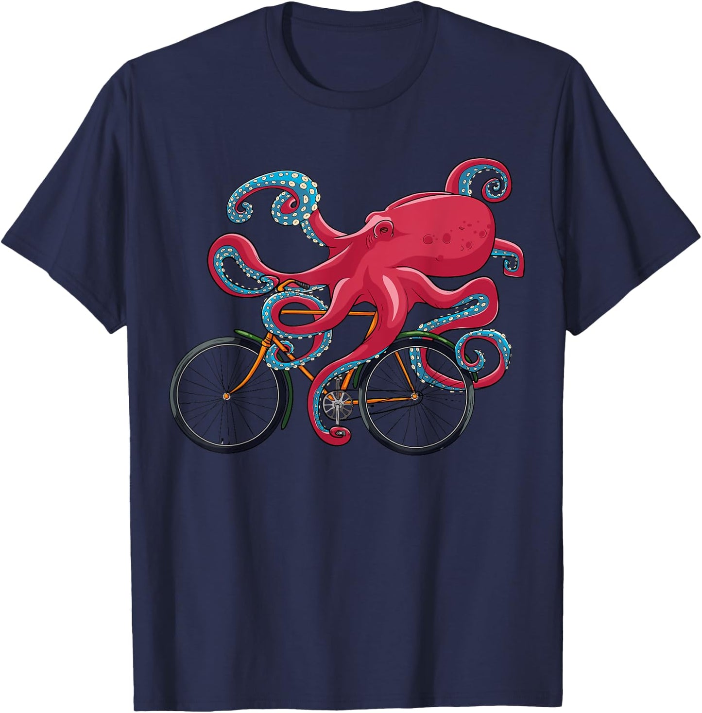 Octopus On Bicycle Cycling Eight Long Arms Graphic Print T-Shirt - T-Shirt | Navy