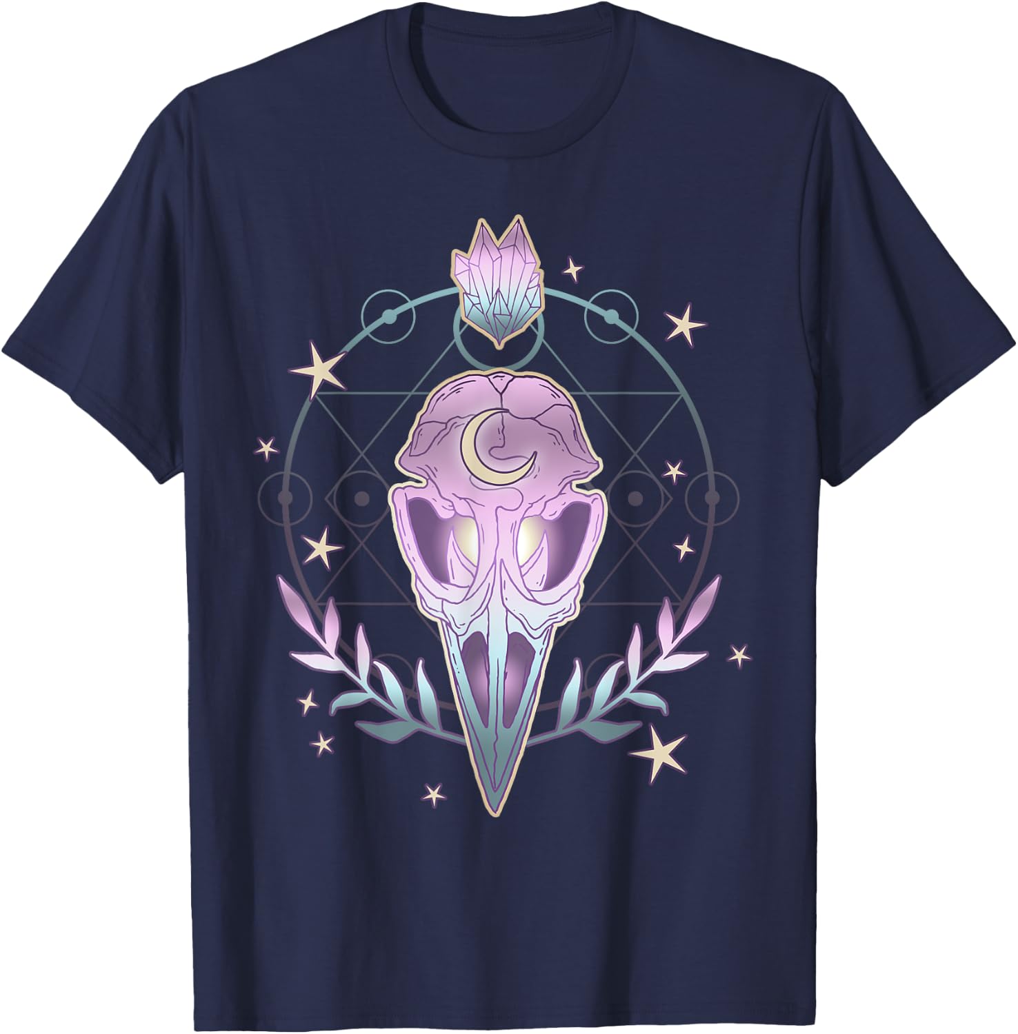Pastel Goth Creepy Bird Skull - Moon Crystals Aesthetic Gift T-Shirt - T-Shirt | Navy