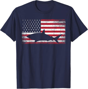Vintage Shark Lover Fishing Diving July 4th American Flag T-Shirt - T-Shirt | Navy