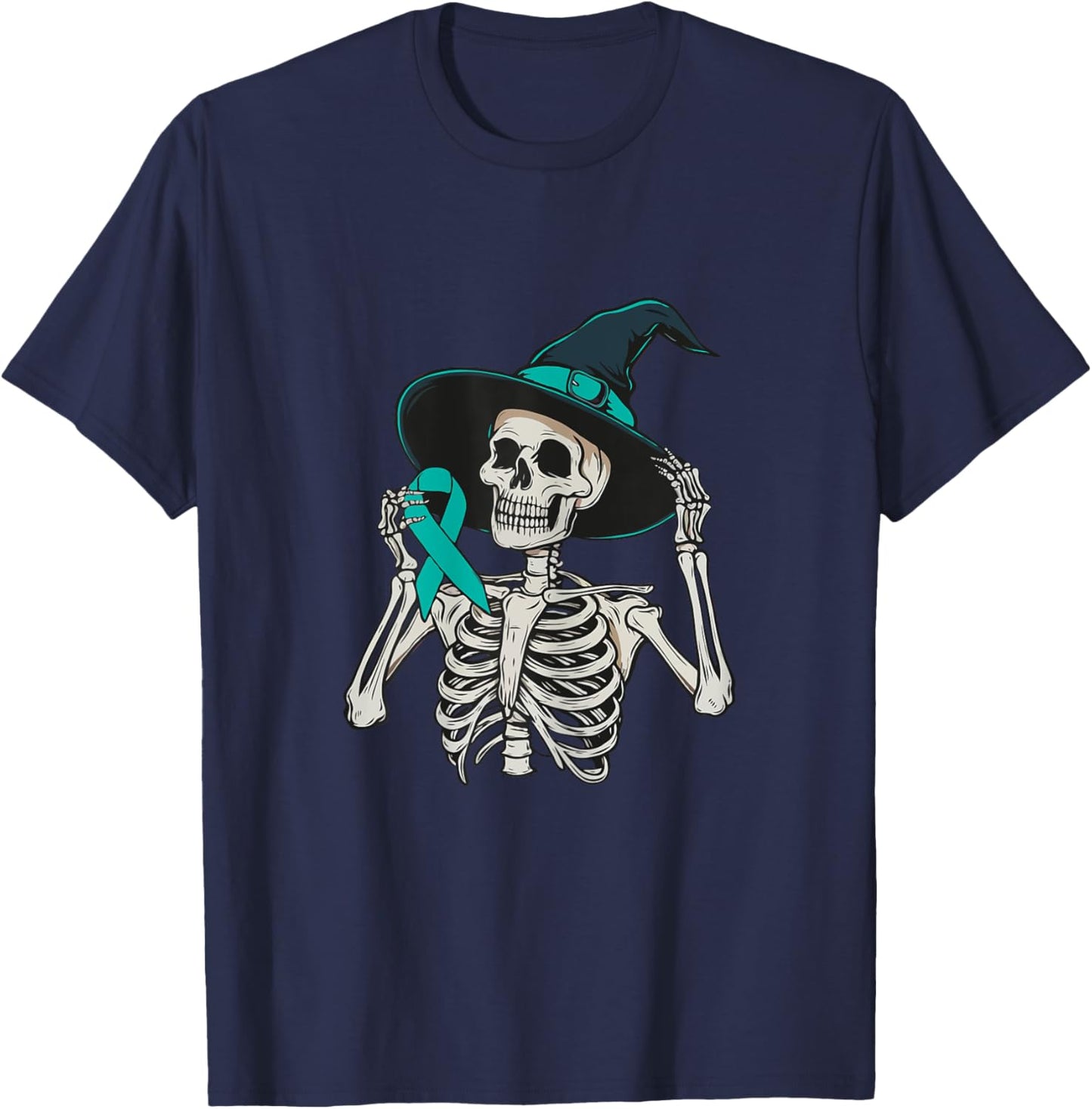 Teal Ribbon Peritoneal Cancer Awareness Skeleton Halloween T-Shirt - T-Shirt | Navy