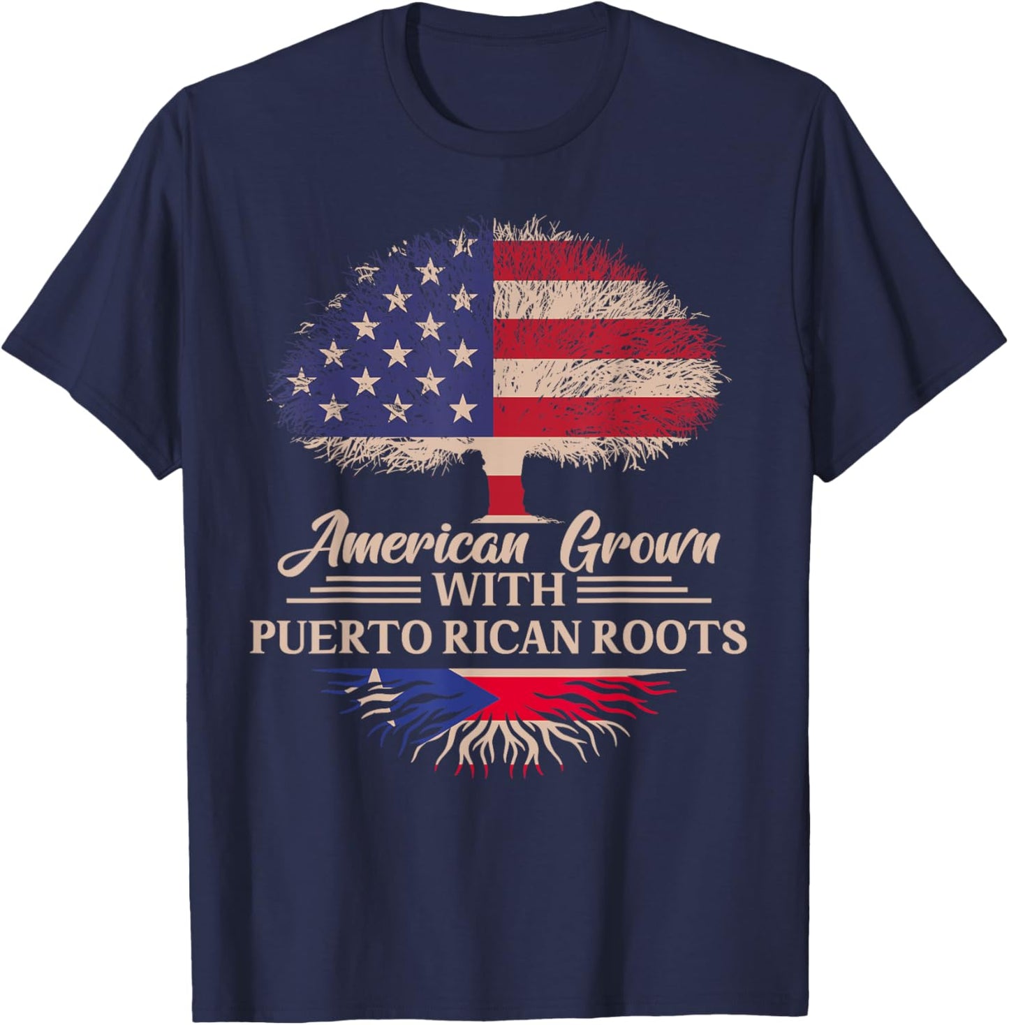 American Grown With Puerto Rican Roots Half American Flag T-Shirt - T-Shirt | Navy