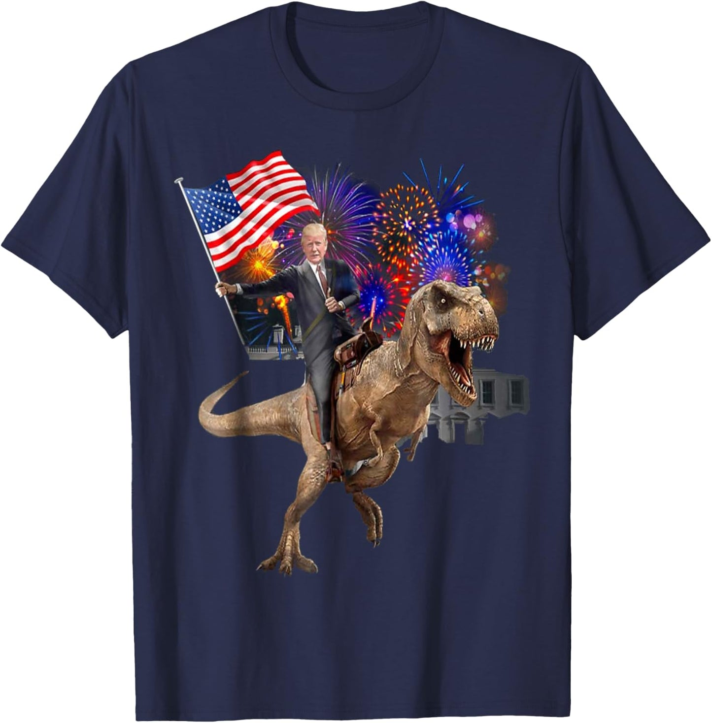 Trump Riding a Dinosaur T-rex Suppor Trump 2020 T-Shirt - T-Shirt | Navy