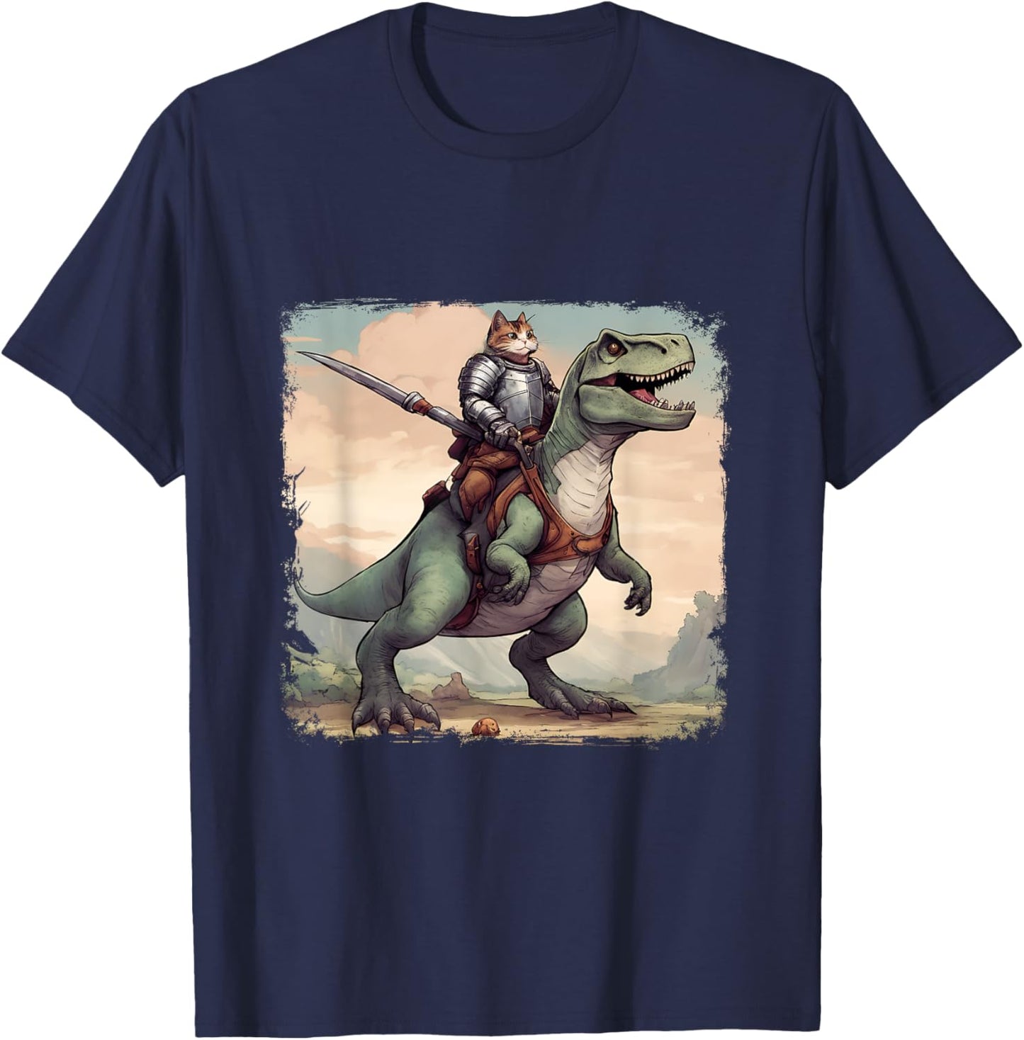 Cat Knight riding a T-Rex. Fun Men Women T-Shirt - T-Shirt | Navy