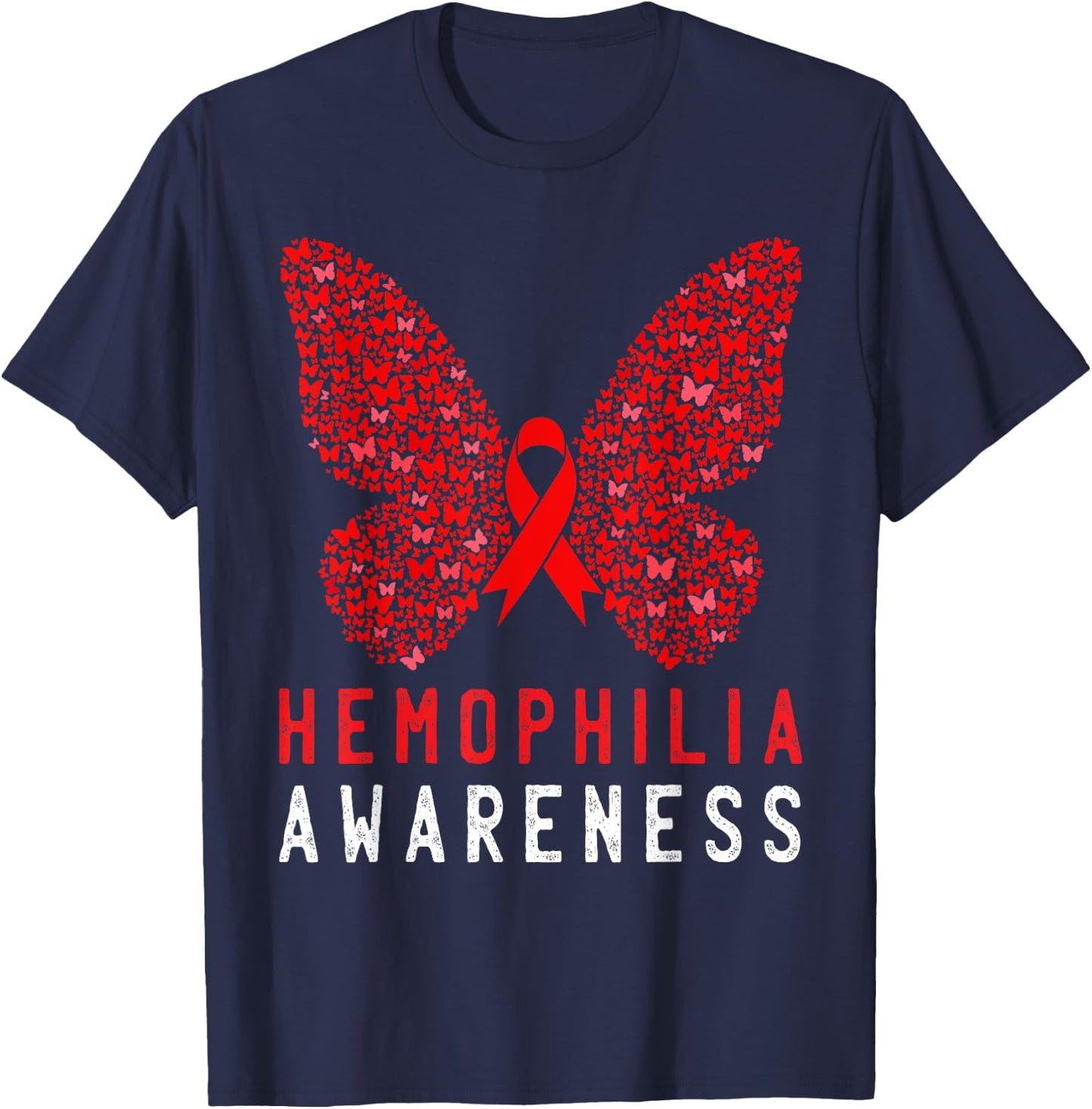 Butterfly Hemophilia Awareness Month Red Ribbon Support T-Shirt - T-Shirt | Navy