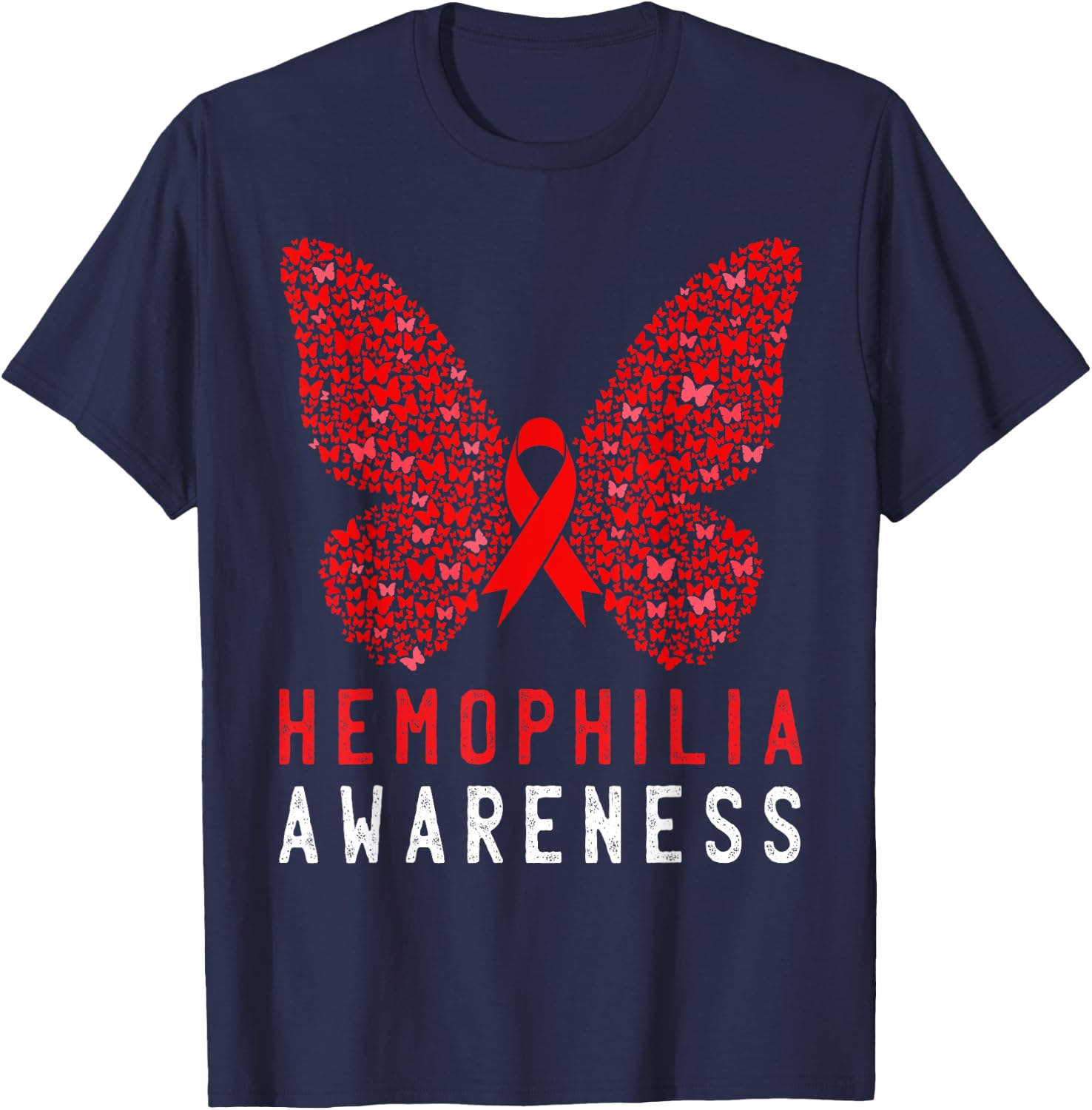 Butterfly Hemophilia Awareness Month Red Ribbon Support T-Shirt - T-Shirt | Navy