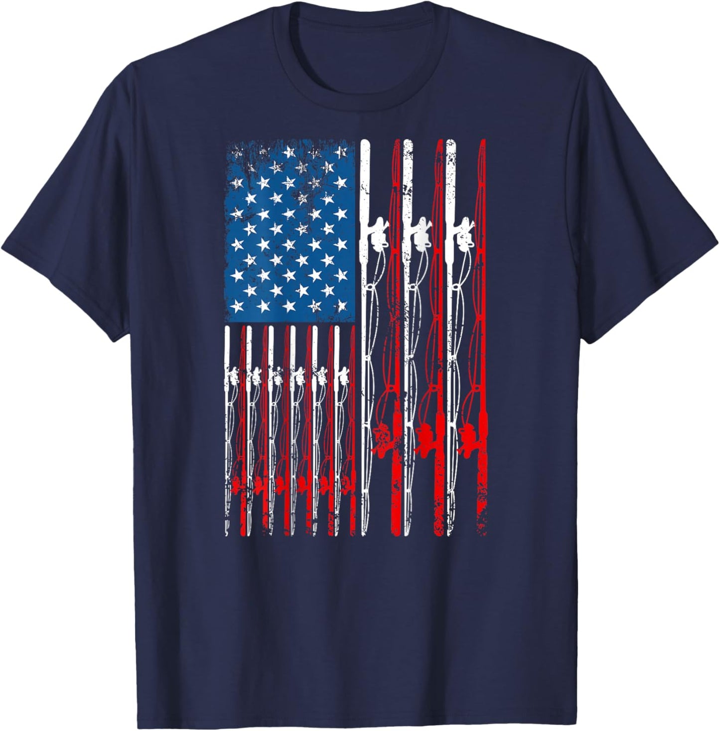 American Flag Fishing Rod Fishing Lover Vintage Fisherman T-Shirt - T-Shirt | Navy