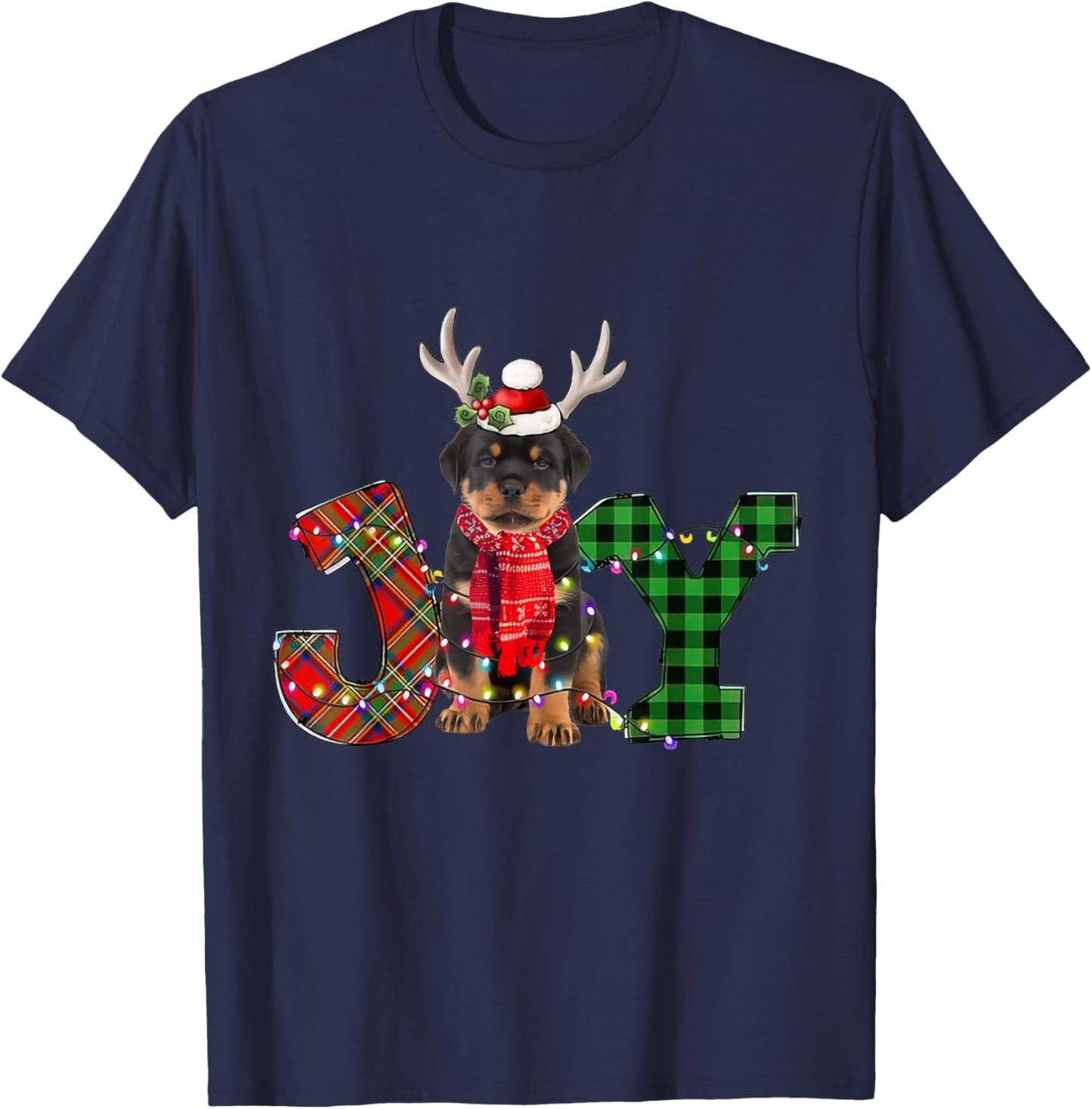 Joy Christmas Lights Rottweiler Dog Santa Hat Pajama Women Kids T-Shirt - T-Shirt | Navy