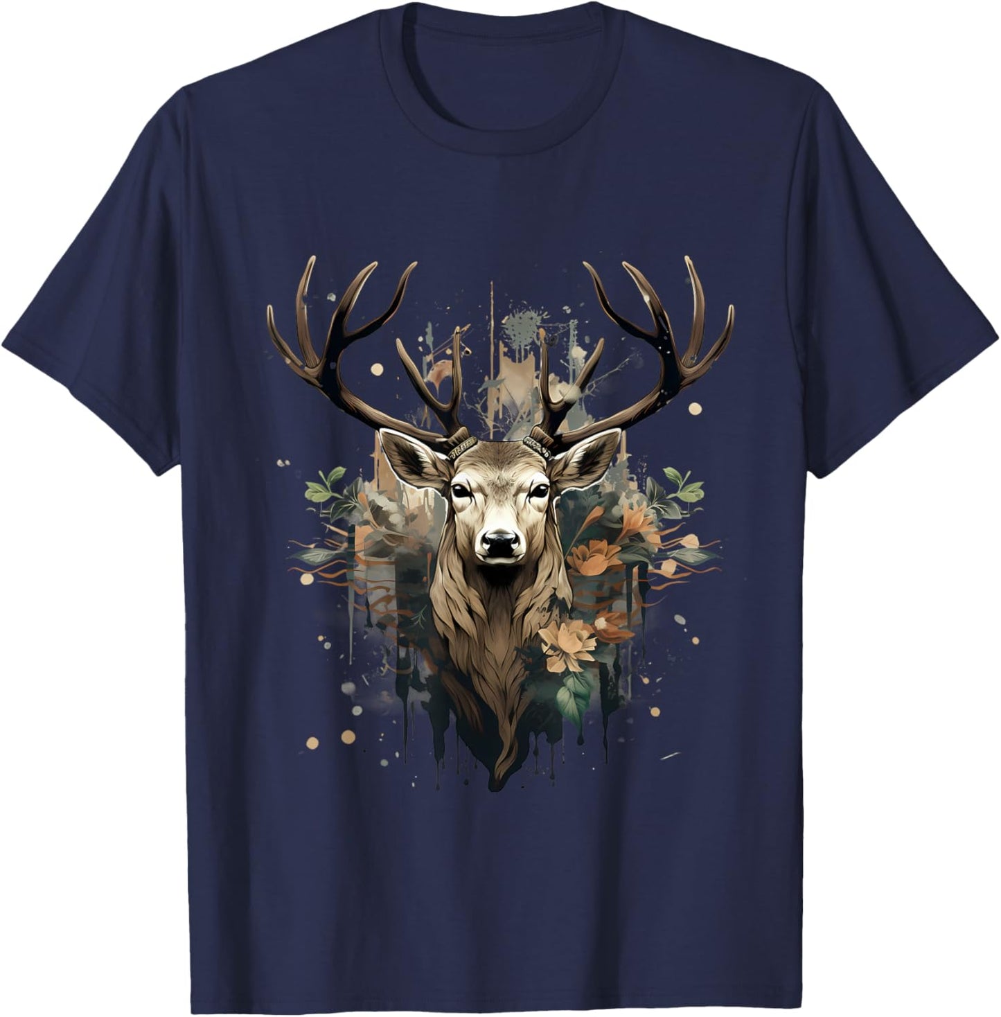 Deer Portrait Floral Artwork Wildlife Nature Animal Lovers T-Shirt - T-Shirt | Navy