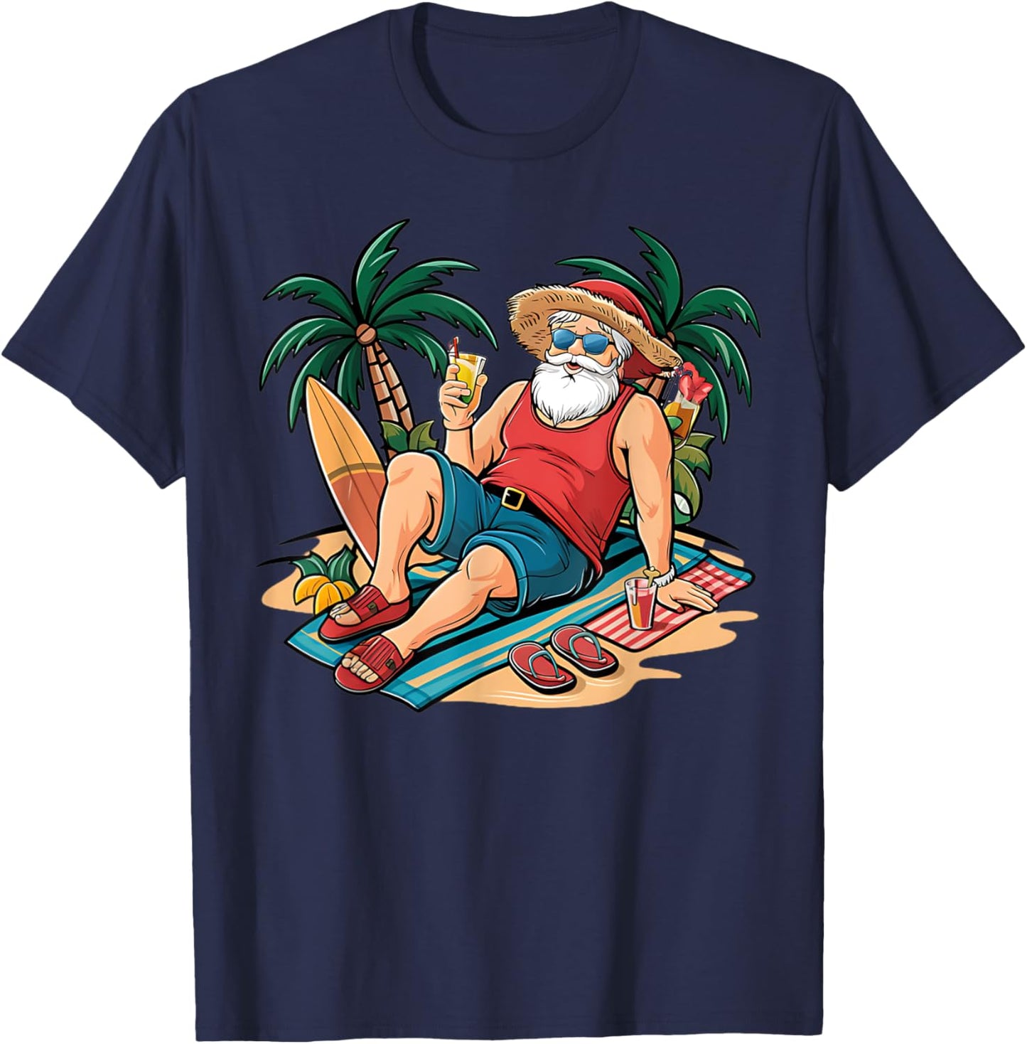 Christmas in July Santa on Beach Hawaiian Summer Vacation Men Women Kids T-Shirt - T-Shirt | Navy