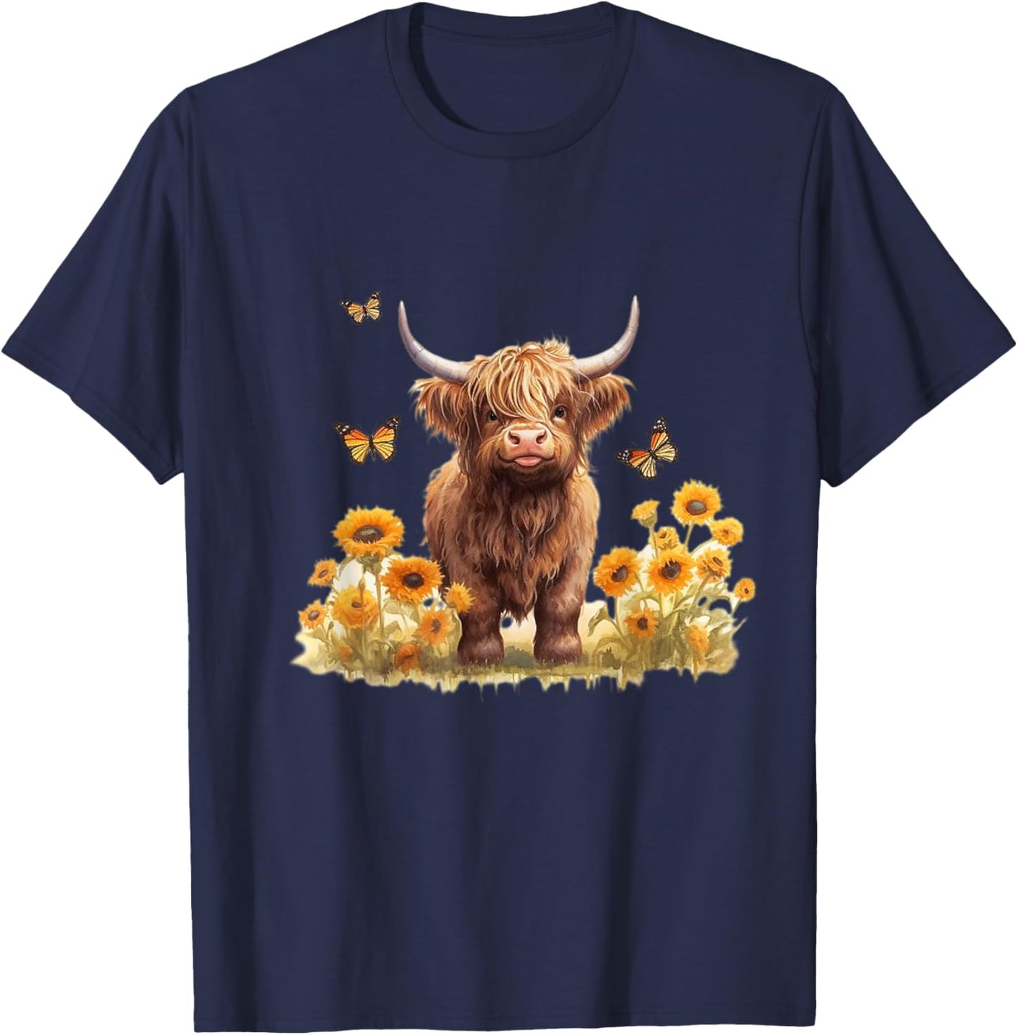 Cute Highland cow with sunflowers country Heifer Farm Farmer T-Shirt - T-Shirt | Navy