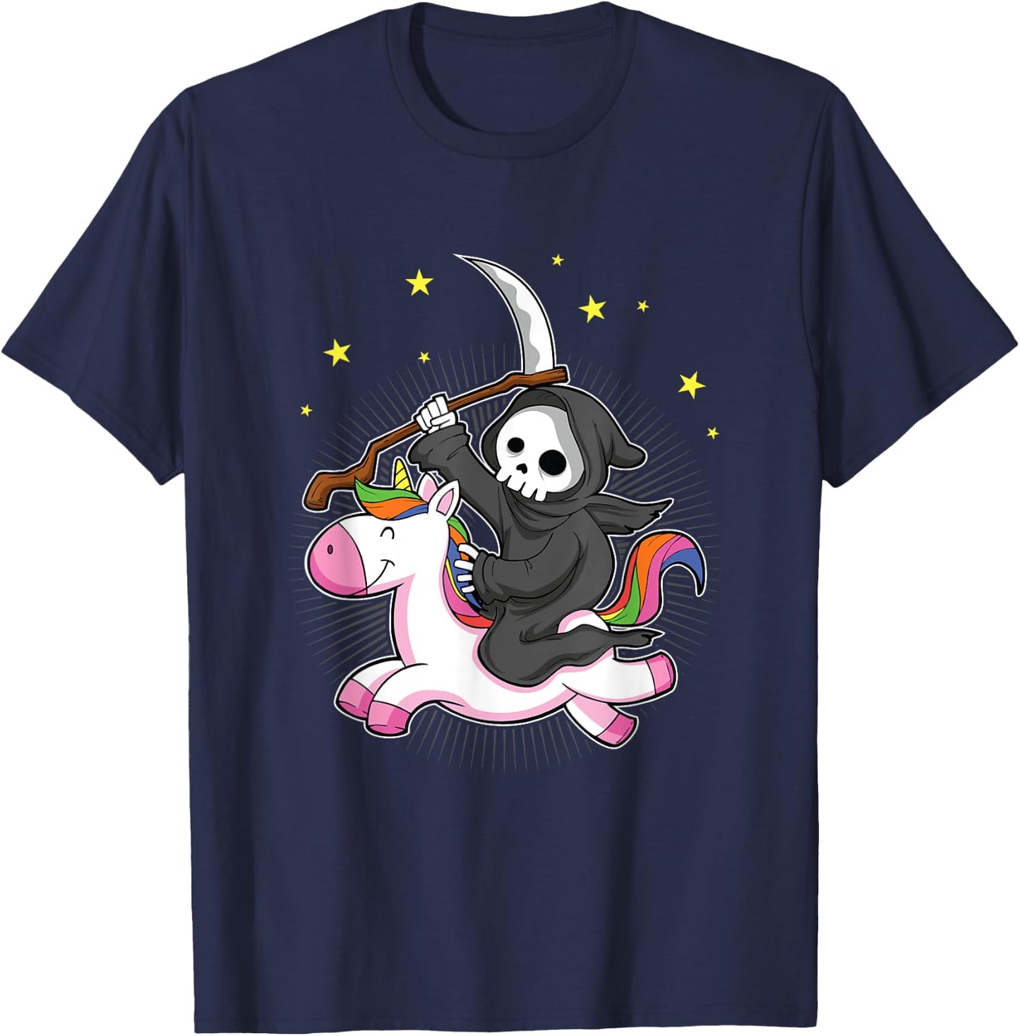 Death Metal Rock Music Halloween Grim Reaper Riding Unicorn T-Shirt - T-Shirt | Navy