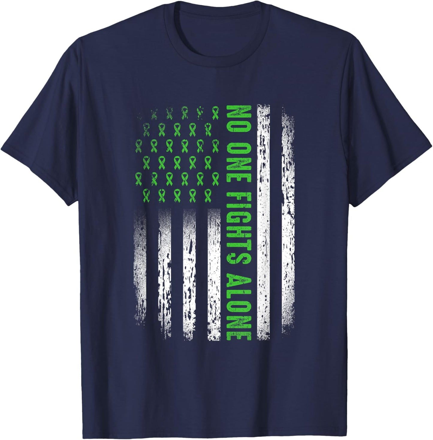 American Flag No One Fights Mental Health Alone Green Ribbon T-Shirt - T-Shirt | Navy