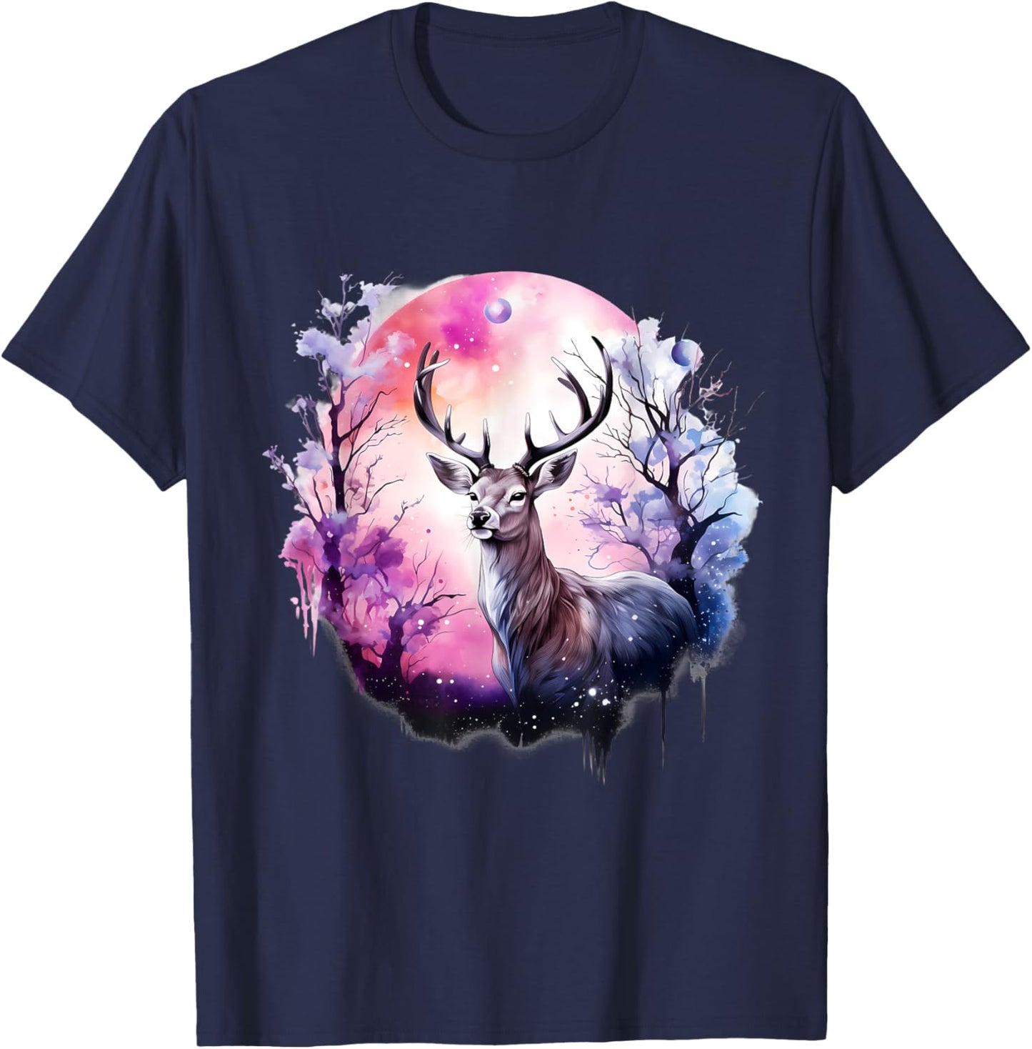Deer Nature Animal Print Forest Floral Artwork Wildlife T-Shirt - T-Shirt | Navy
