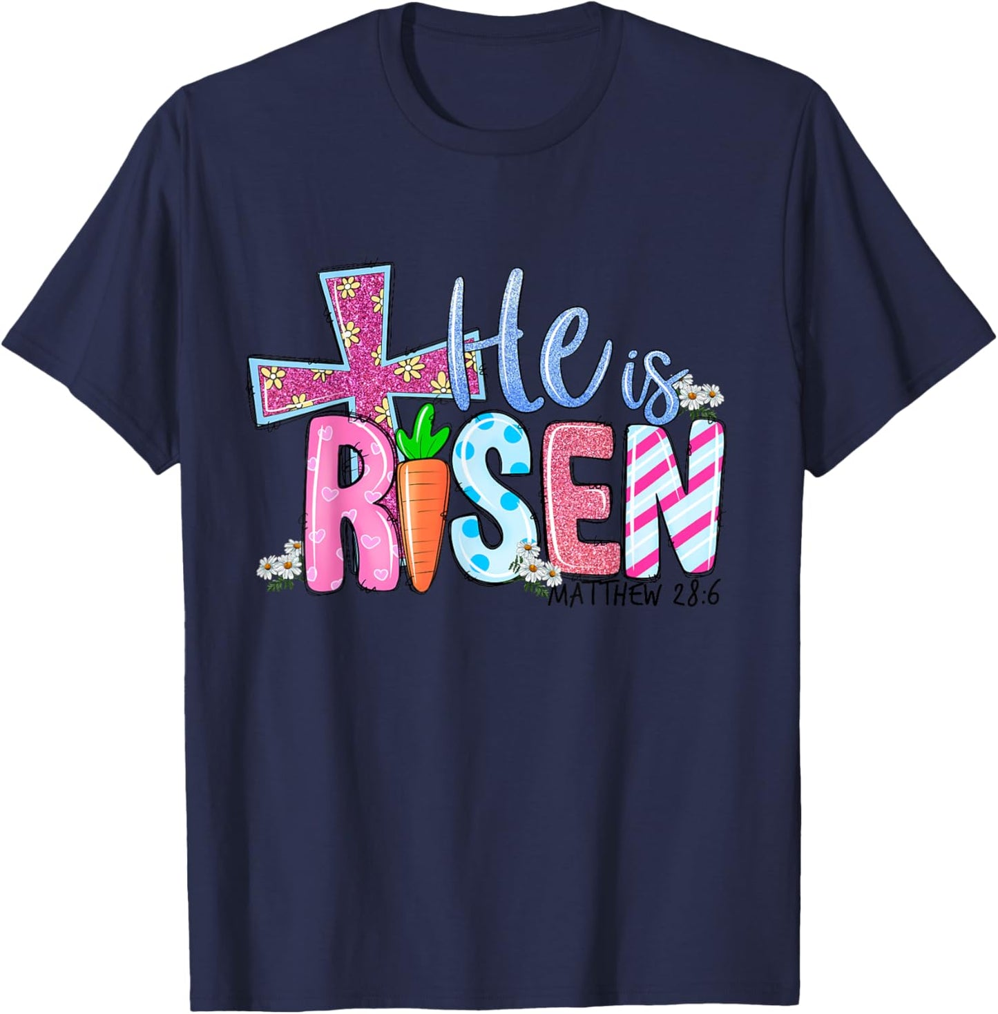 Happy Easter Bunny Shirt He Is Risen Jesus Cross Scripture T-Shirt - T-Shirt | Navy