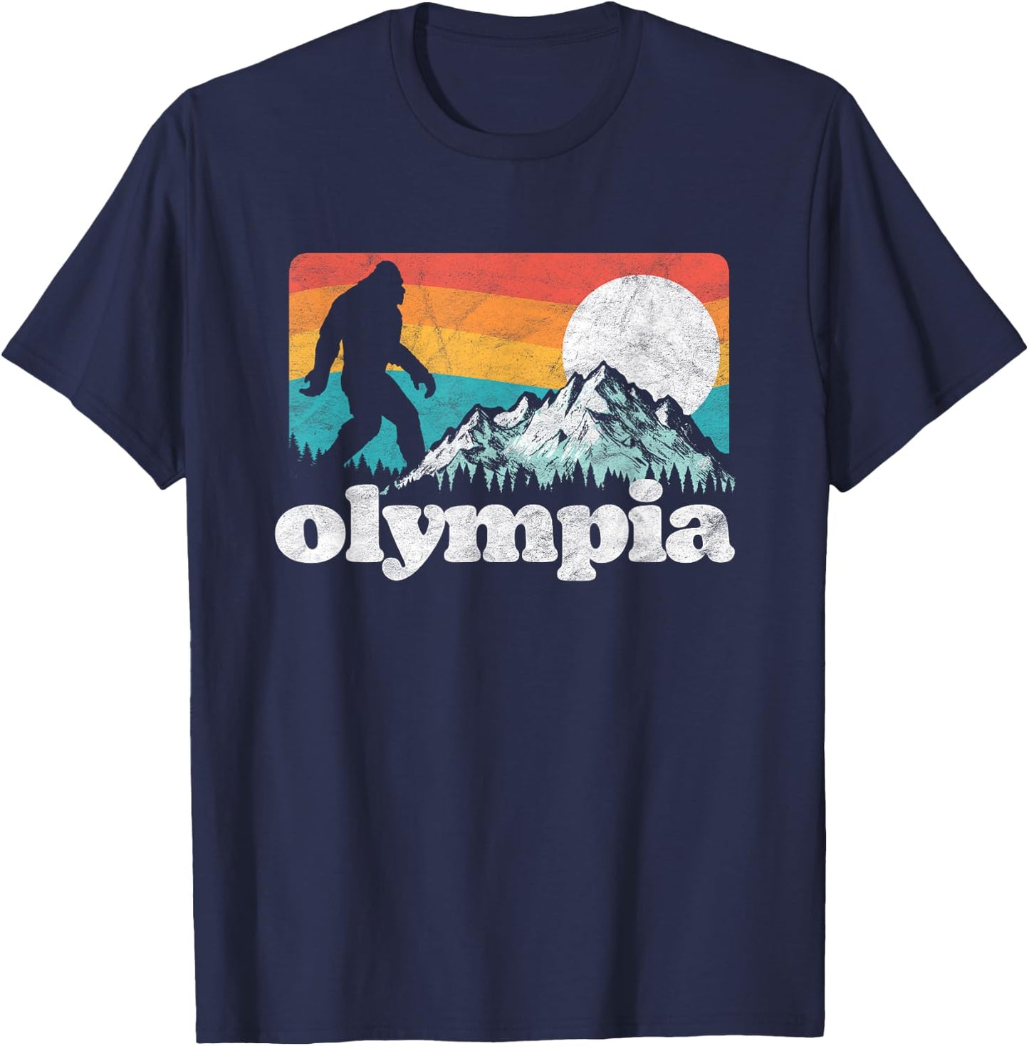 Olympia Washington Bigfoot Mountains Retro Distressed 80s T-Shirt - T-Shirt | Navy