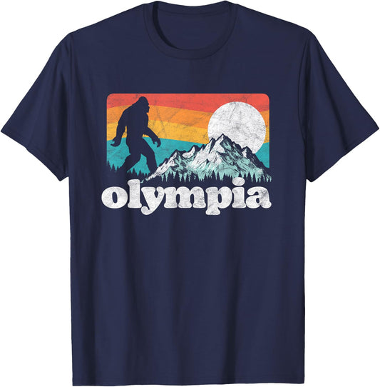 Olympia Washington Bigfoot Mountains Retro Distressed 80s T-Shirt - T-Shirt | Navy