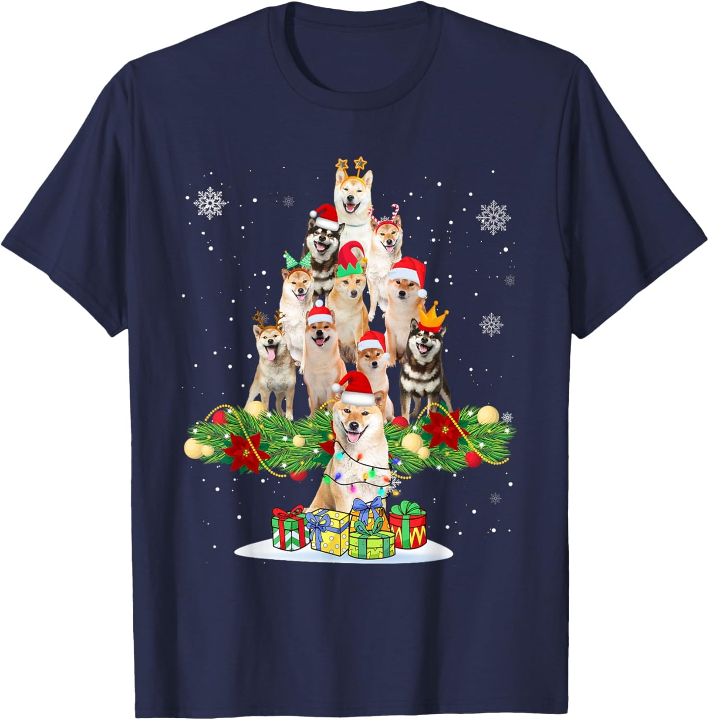 Ugly Sweater Christmas Tree Shiba Inu Dog Xmas Lights T-Shirt - T-Shirt | Navy
