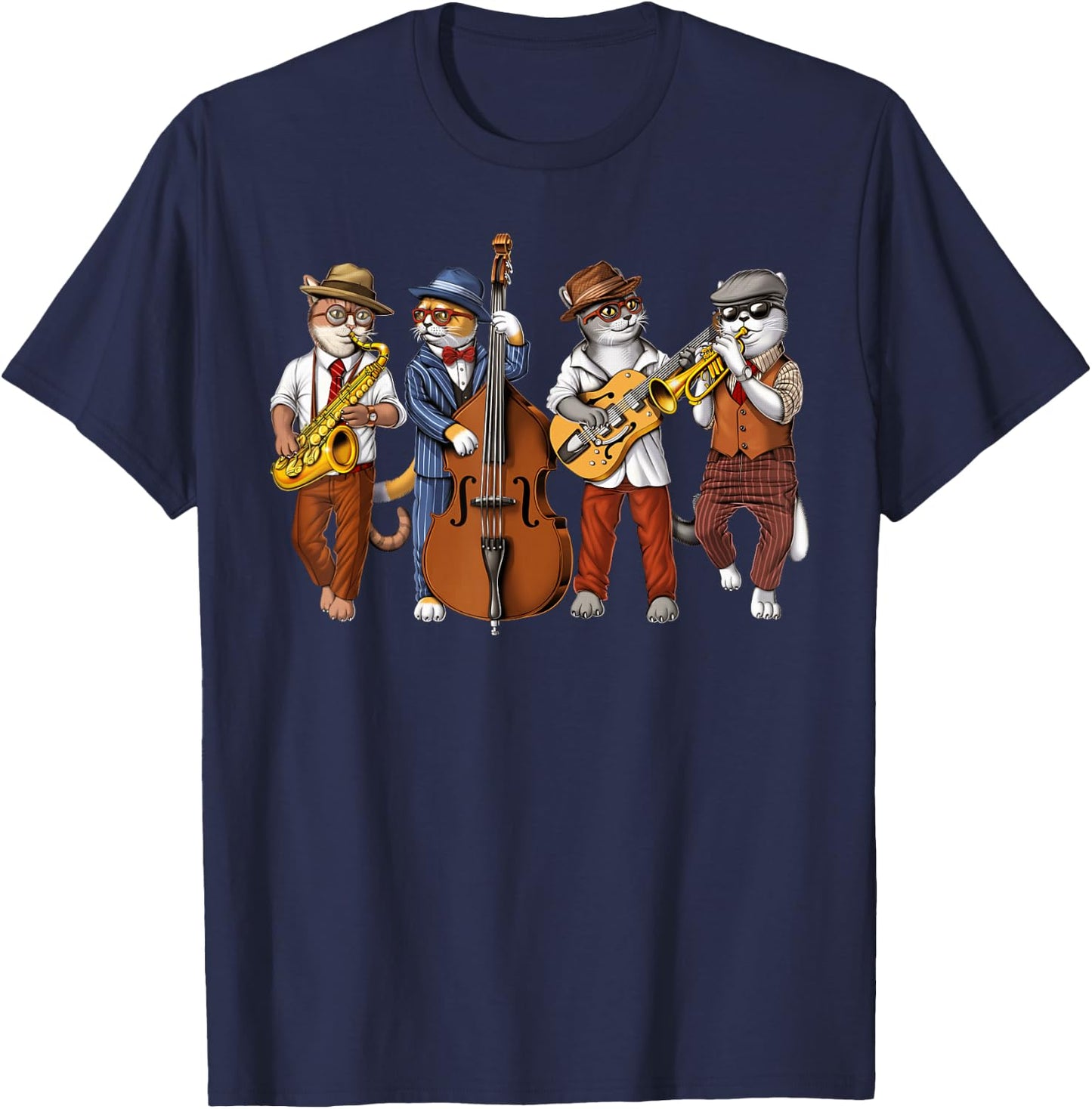 Cat Saxophone Player Jazz Musician Trumpet Double Bass T-Shirt - T-Shirt | Navy