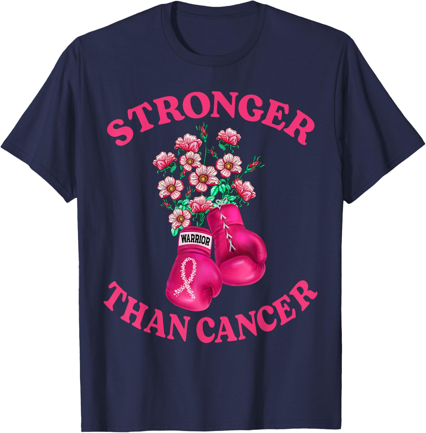 Stronger Than Cancer Boxing Gloves Pink Ribbon Breast Cancer T-Shirt - T-Shirt | Navy
