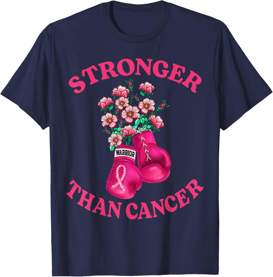 Stronger Than Cancer Boxing Gloves Pink Ribbon Breast Cancer T-Shirt - T-Shirt | Navy